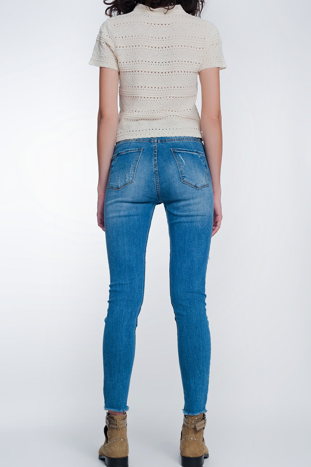 Mid denim super skinny jeans with holes in the knees Q2 Jeans BoutiqueLua