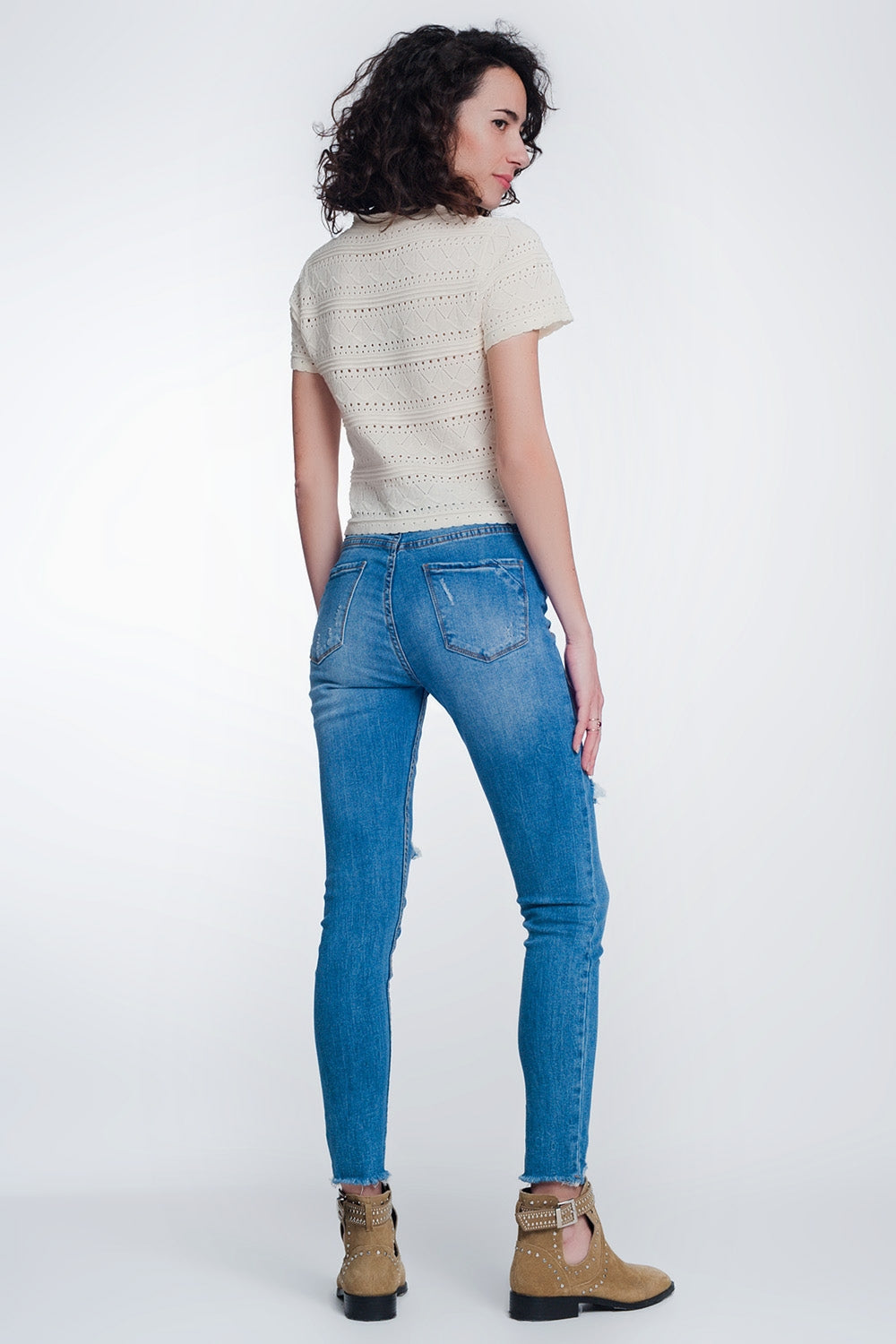 Mid denim super skinny jeans with holes in the knees Q2 Jeans BoutiqueLua