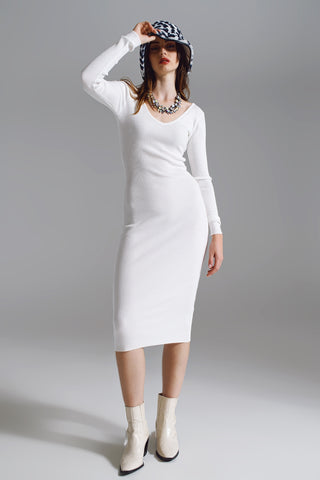 Vestido midi bodycon de malha com decote em V em branco