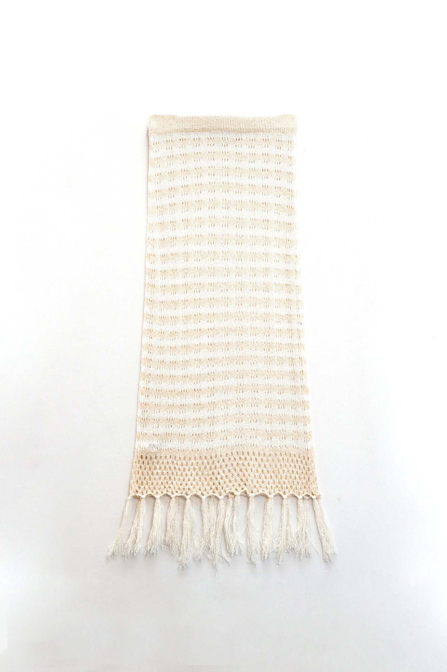 Q2 Midi Crochet White Skirt With Beige Stripes and Fringe Hem