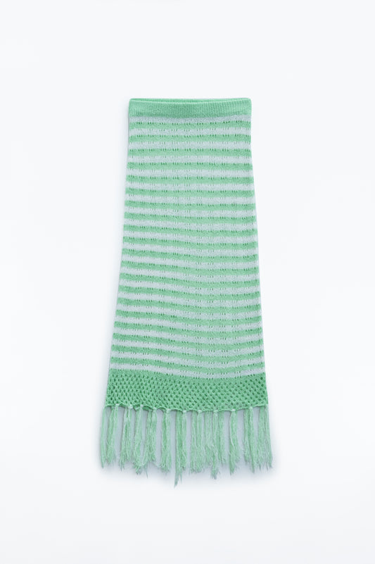 Q2 Midi Crochet White Skirt With Green Stripes and Fringe Hem