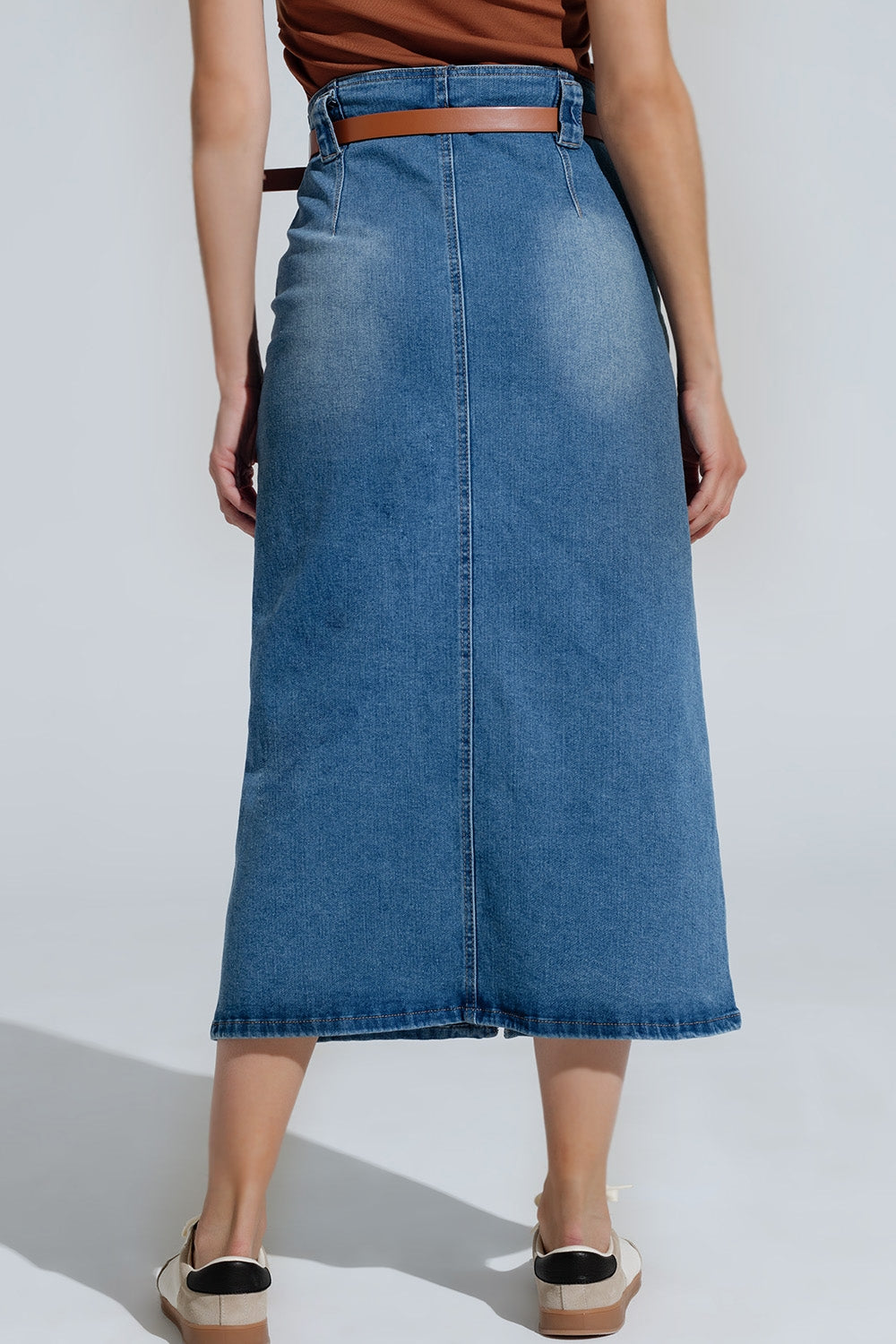 Midi Denim Skirt In Blue With Front Split Q2 Skirts BoutiqueLua