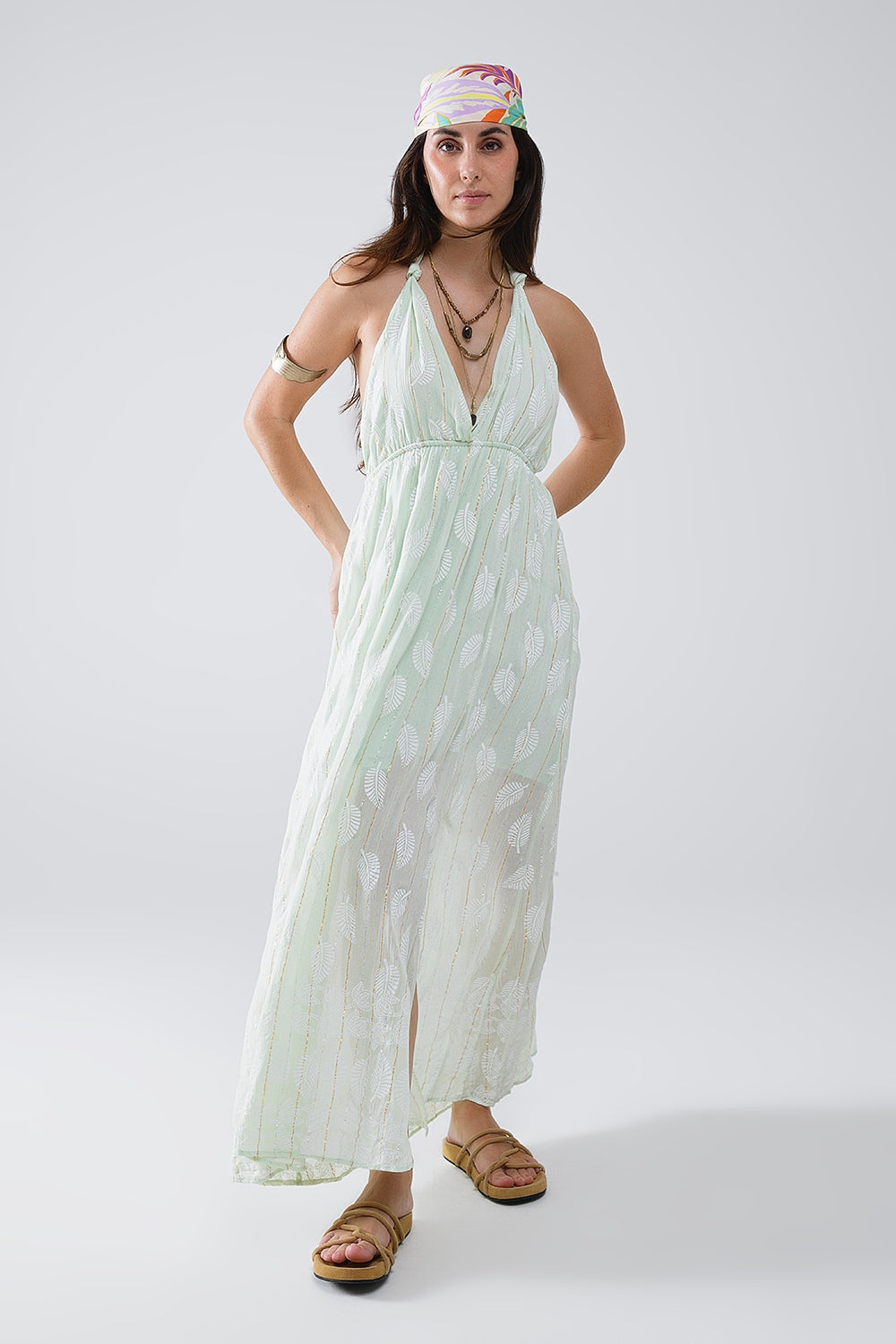 Q2 Midi Halter Dress in Mint Leaf Print With Lurex Details