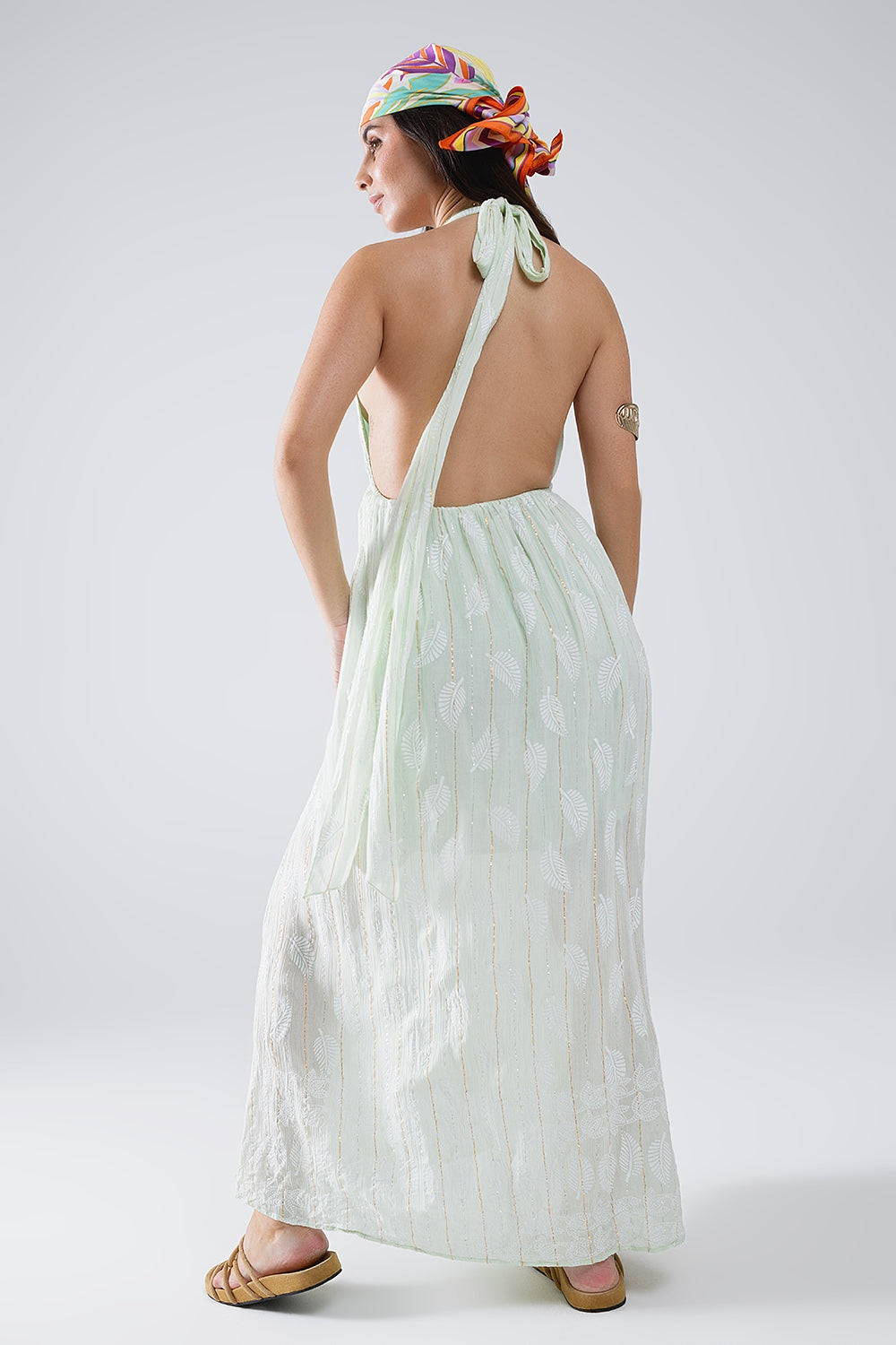 Midi Halter Dress in Mint Leaf Print With Lurex Details Q2 Dresses BoutiqueLua