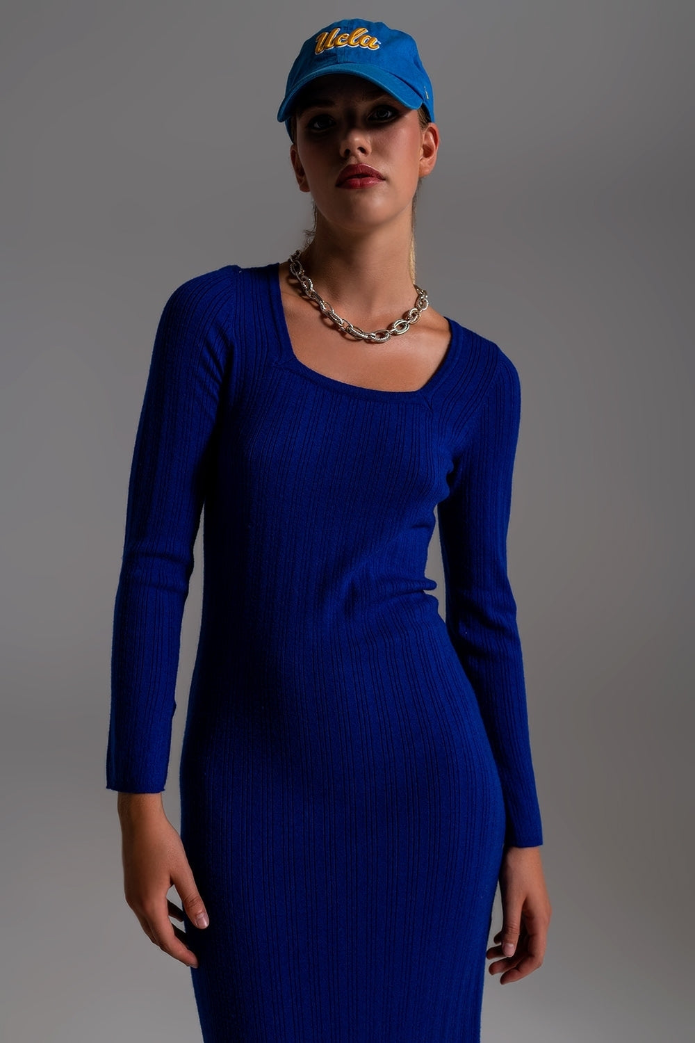 Midi Knit Dress With Square Neckline in Blue Q2 Dresses BoutiqueLua