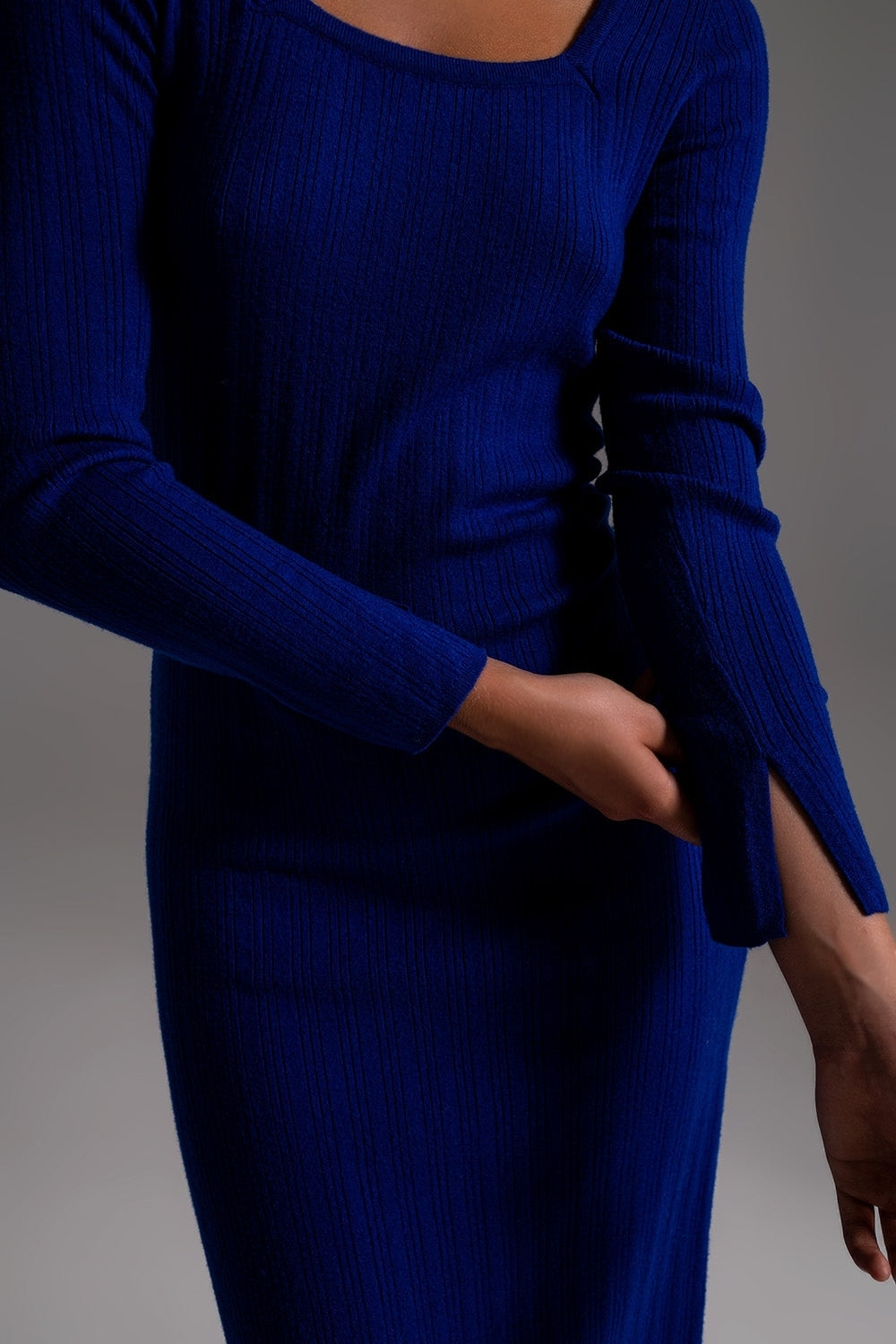 Midi Knit Dress With Square Neckline in Blue Q2 Dresses BoutiqueLua