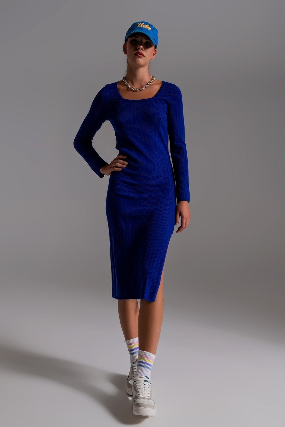 Midi Knit Dress With Square Neckline in Blue Q2 Dresses BoutiqueLua