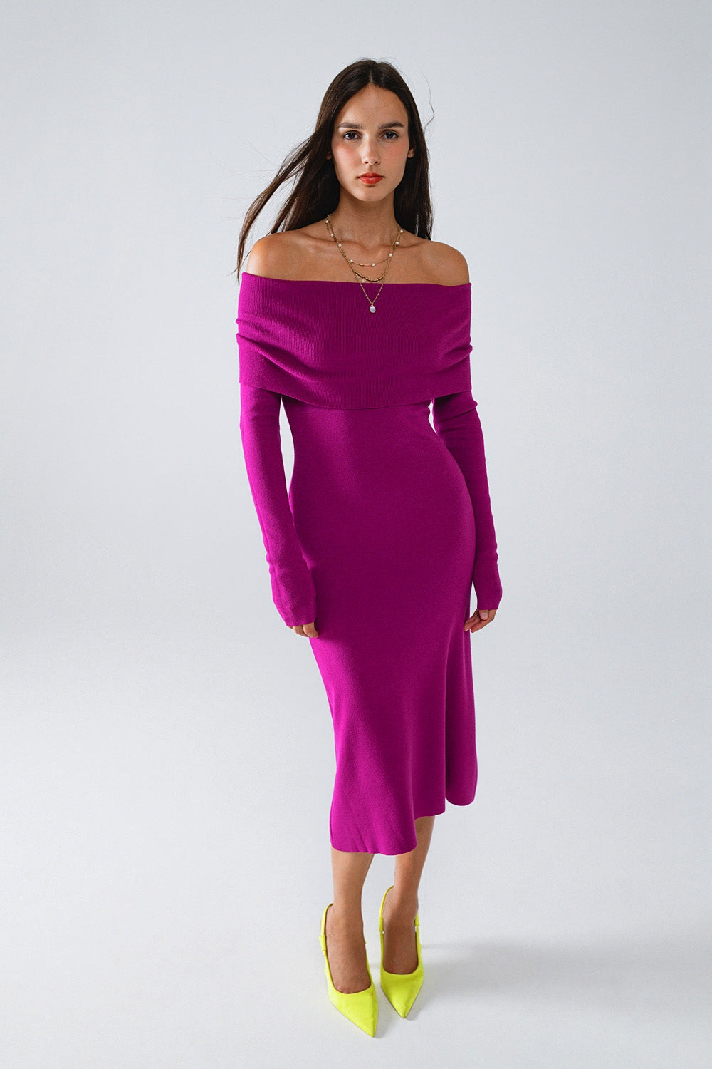 Midi Knitted Folover Badot Dress in Magenta Q2 Dresses BoutiqueLua