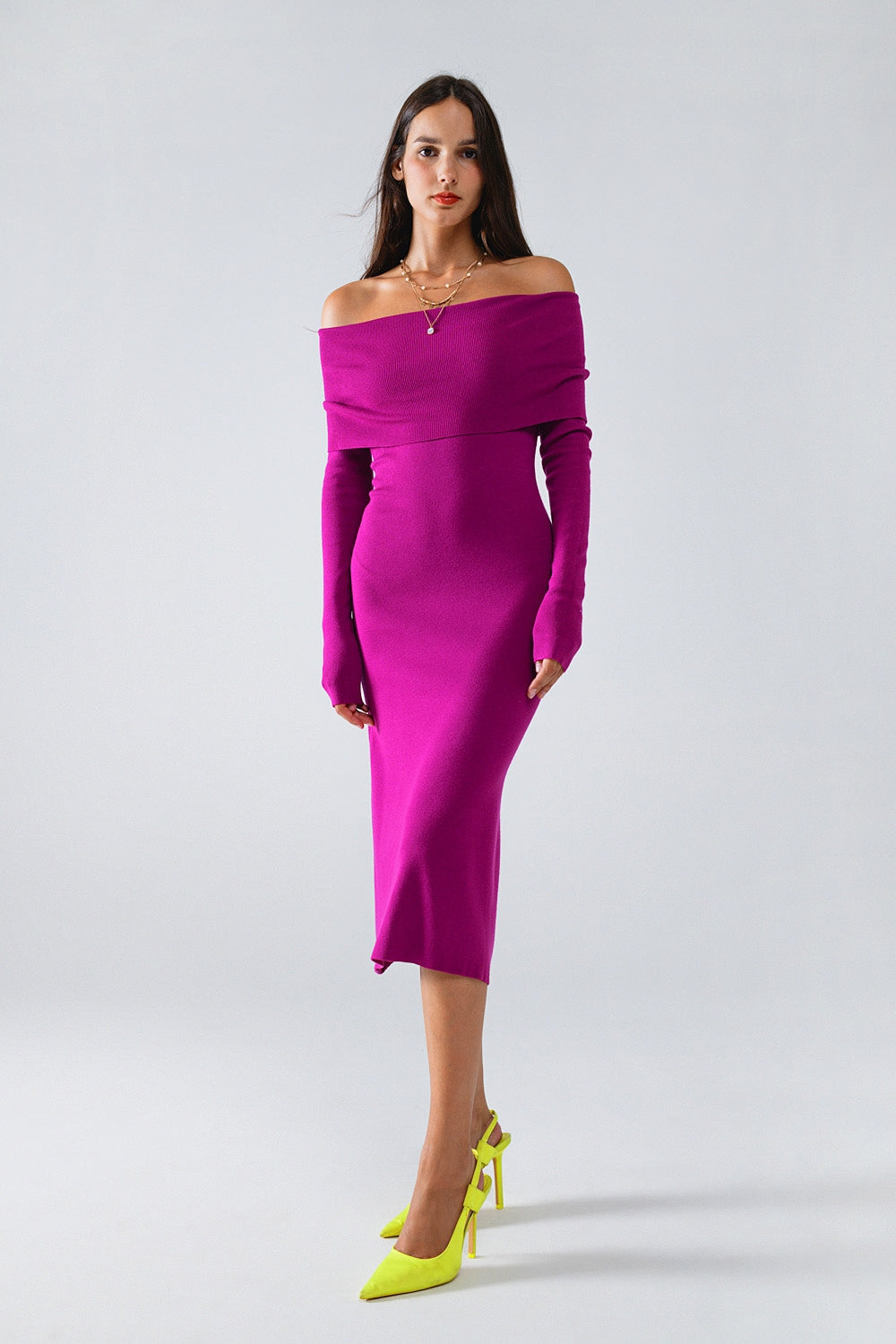 Q2 Midi Knitted Folover Badot Dress in Magenta