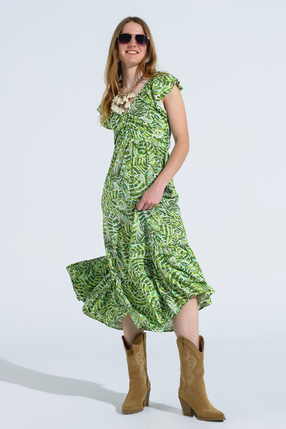 Midi Romantic Dress With Ruffled Short Sleeves in Green Leaf Print Q2 Dresses BoutiqueLua