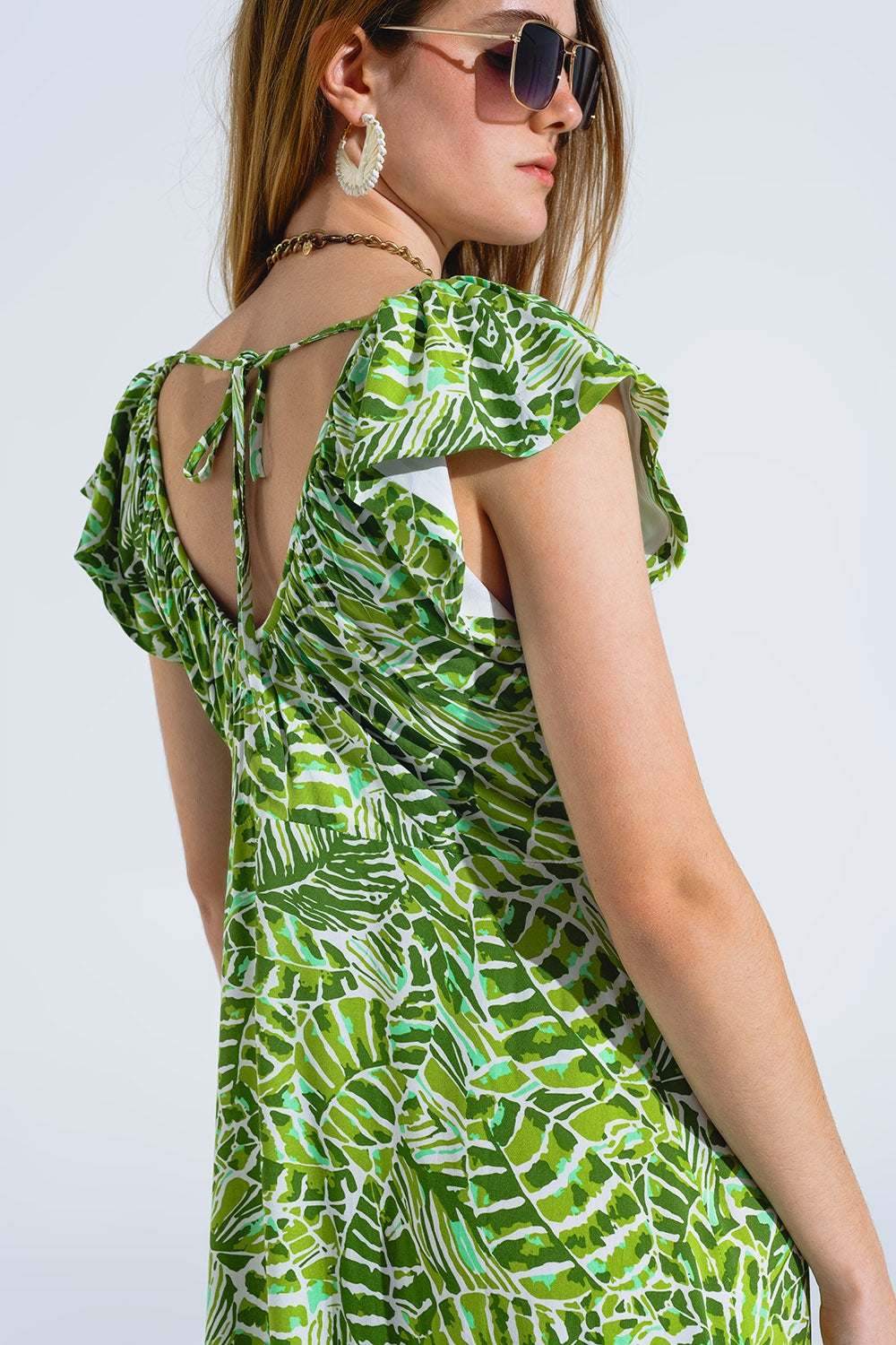 Midi Romantic Dress With Ruffled Short Sleeves in Green Leaf Print Q2 Dresses BoutiqueLua