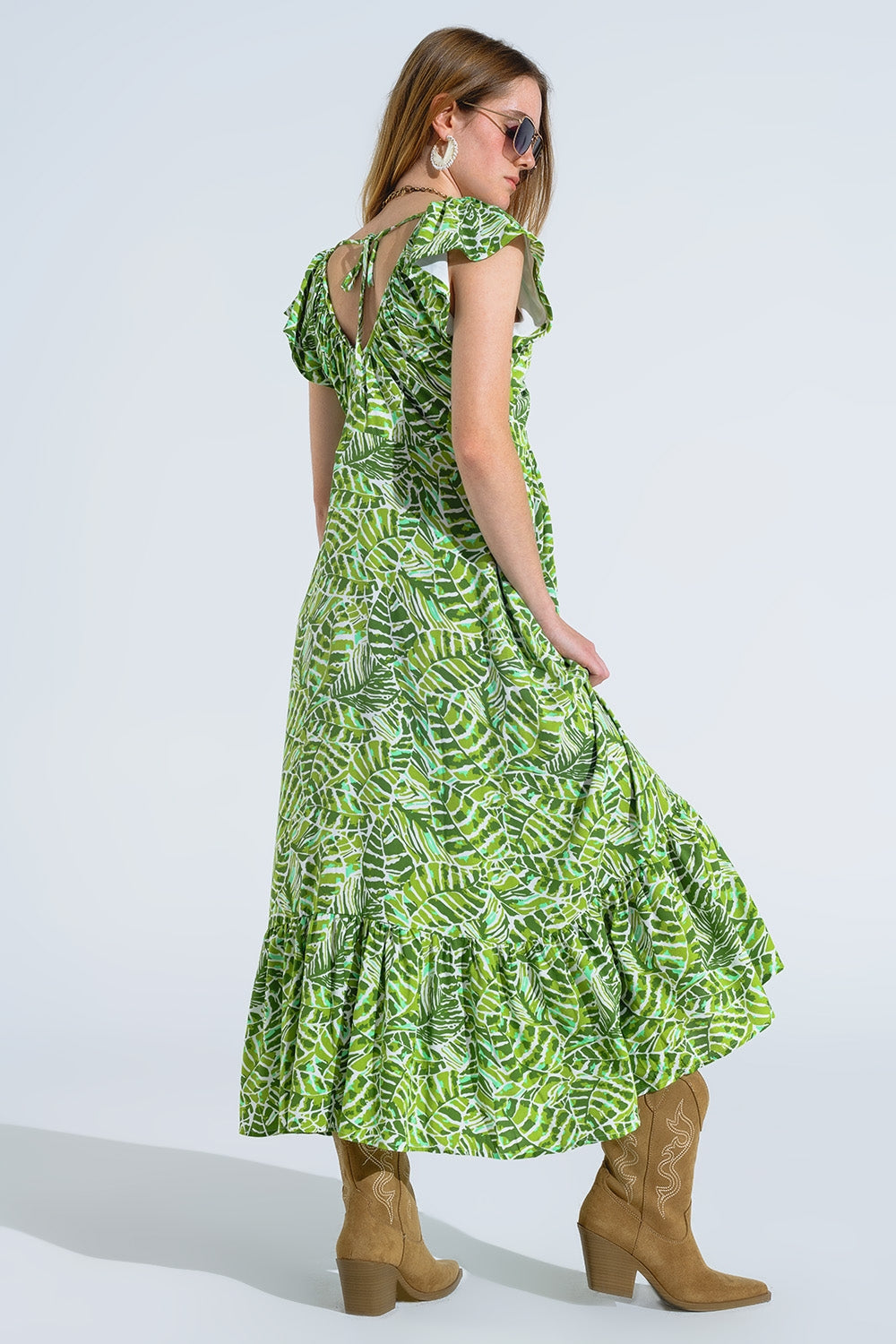 Midi Romantic Dress With Ruffled Short Sleeves in Green Leaf Print Q2 Dresses BoutiqueLua