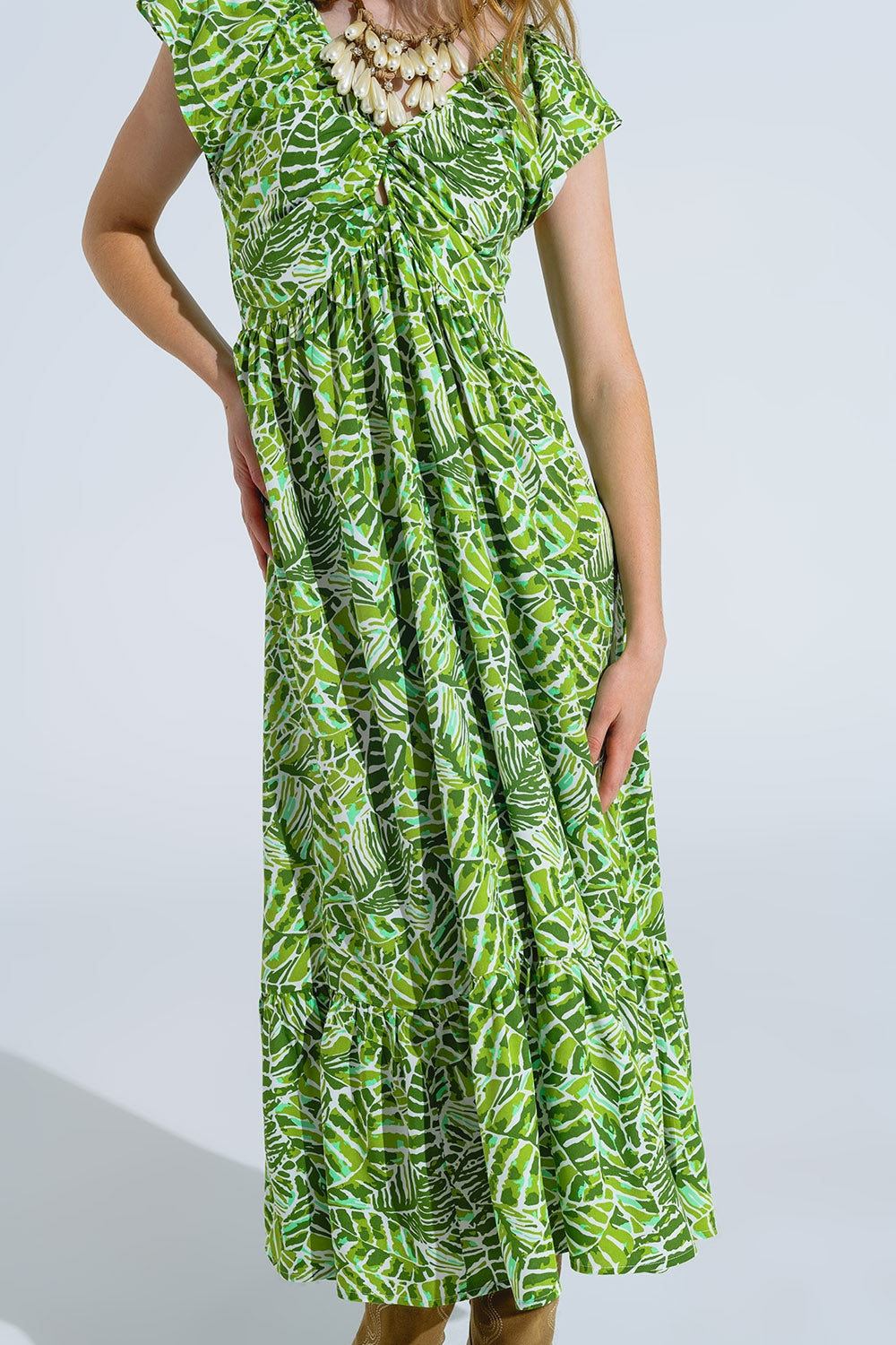 Midi Romantic Dress With Ruffled Short Sleeves in Green Leaf Print Q2 Dresses BoutiqueLua