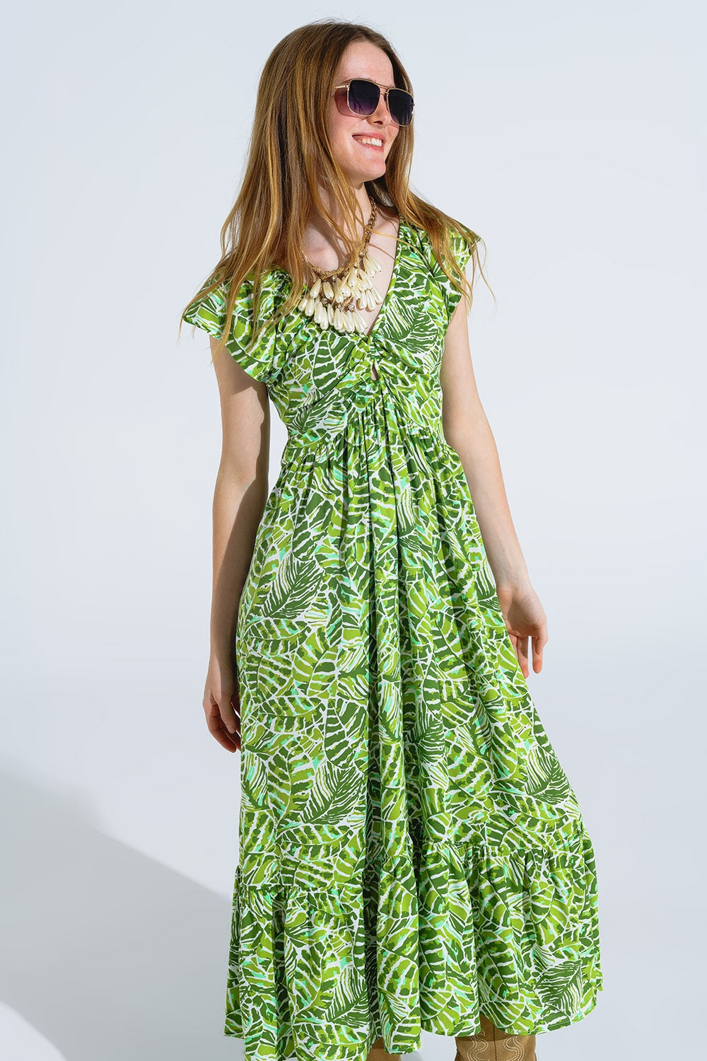 Midi Romantic Dress With Ruffled Short Sleeves in Green Leaf Print Q2 Dresses BoutiqueLua