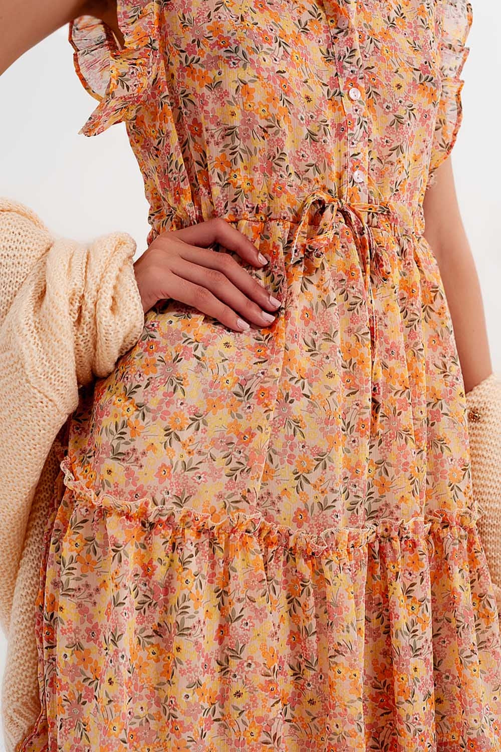 Mini dress with ruffle trims in vintage floral in coral Q2 Dresses BoutiqueLua
