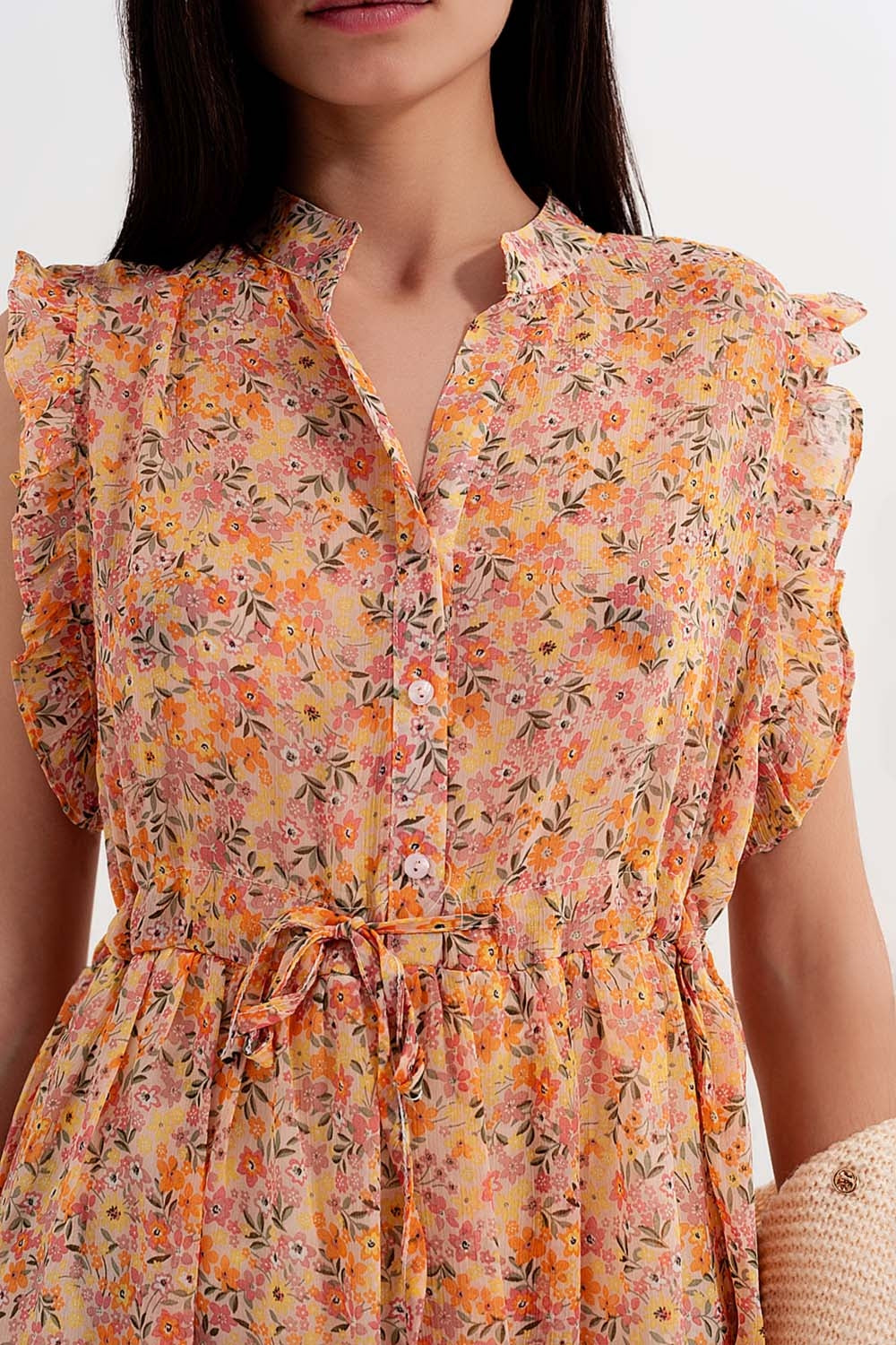 Mini dress with ruffle trims in vintage floral in coral Q2 Dresses BoutiqueLua