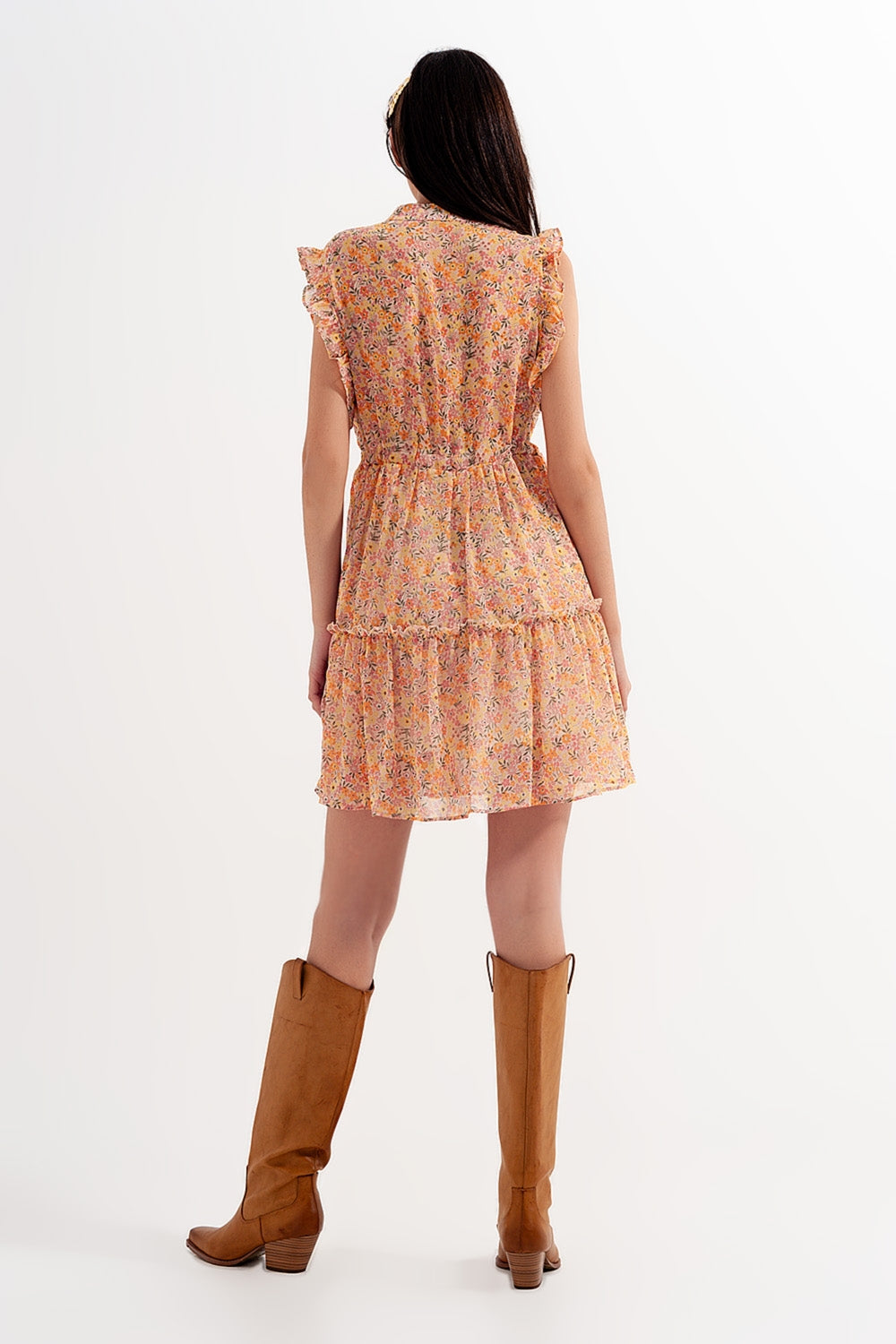Mini dress with ruffle trims in vintage floral in coral Q2 Dresses BoutiqueLua