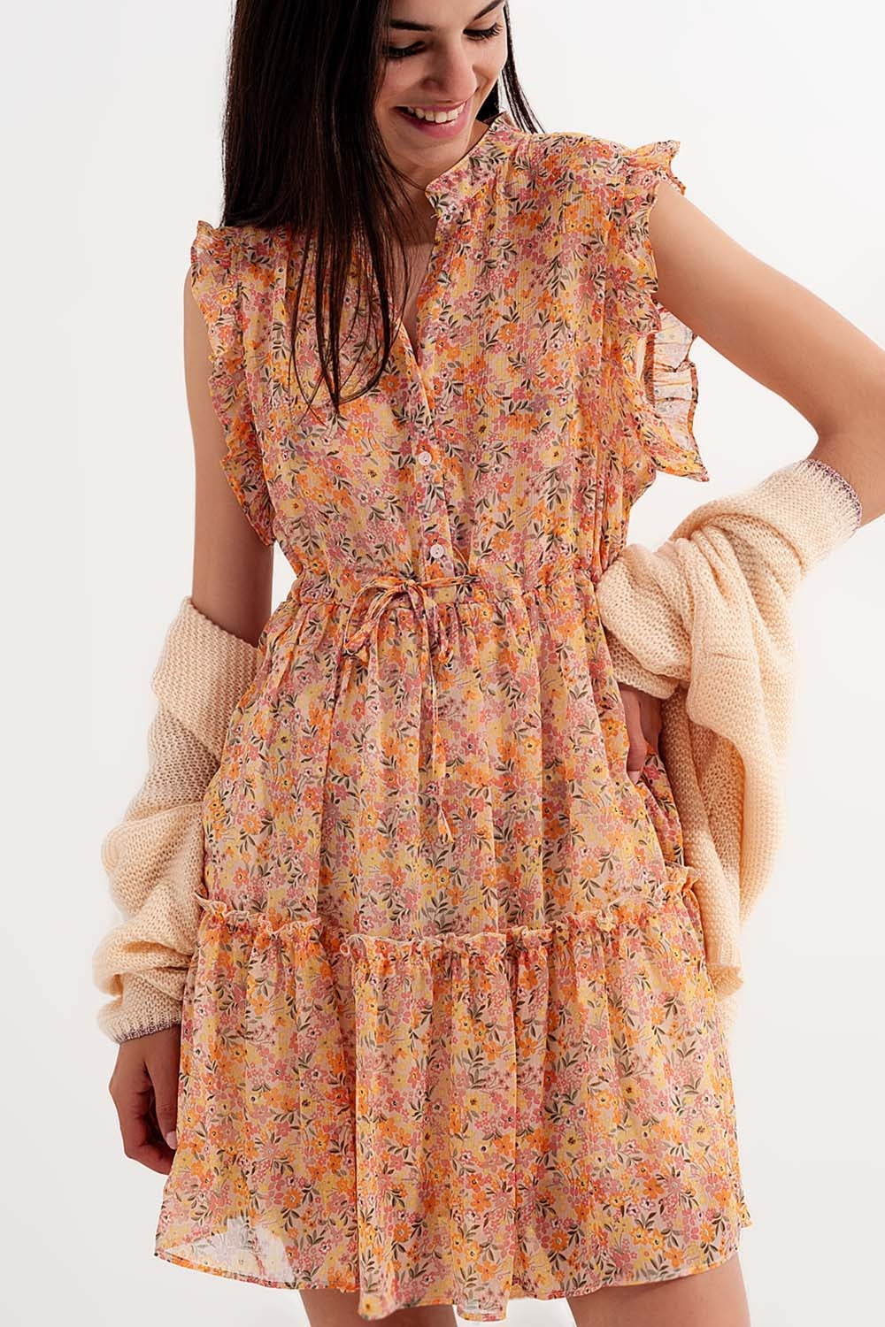 Mini dress with ruffle trims in vintage floral in coral Q2 Dresses BoutiqueLua