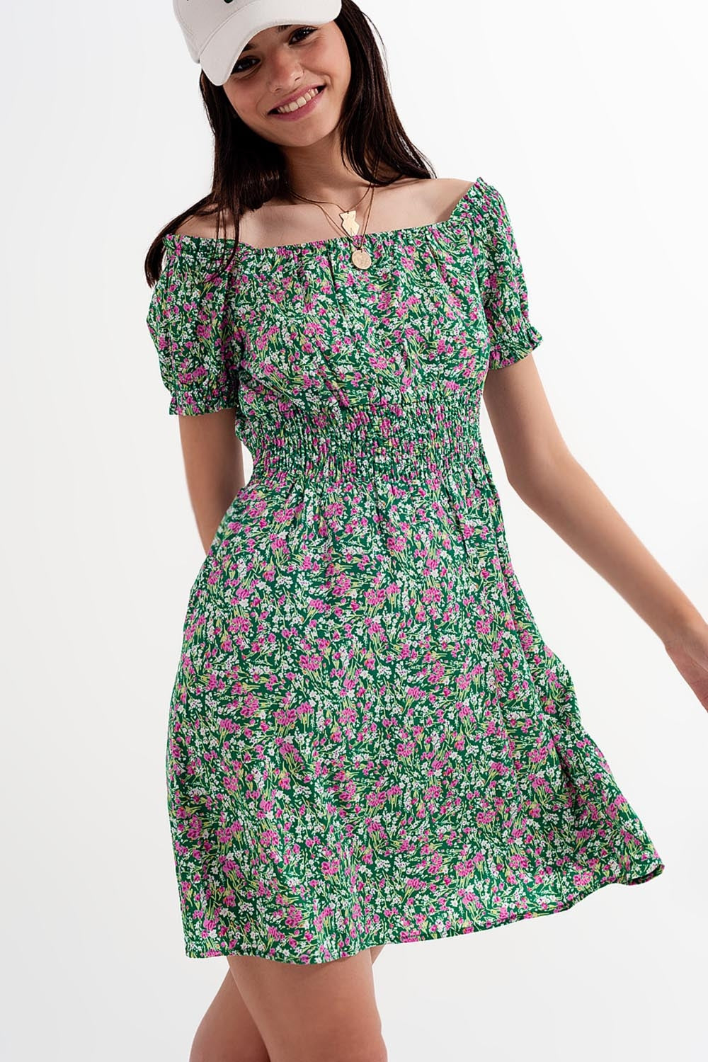 Mini dress with shirred detail in green ditsy floral print Q2 Dresses BoutiqueLua