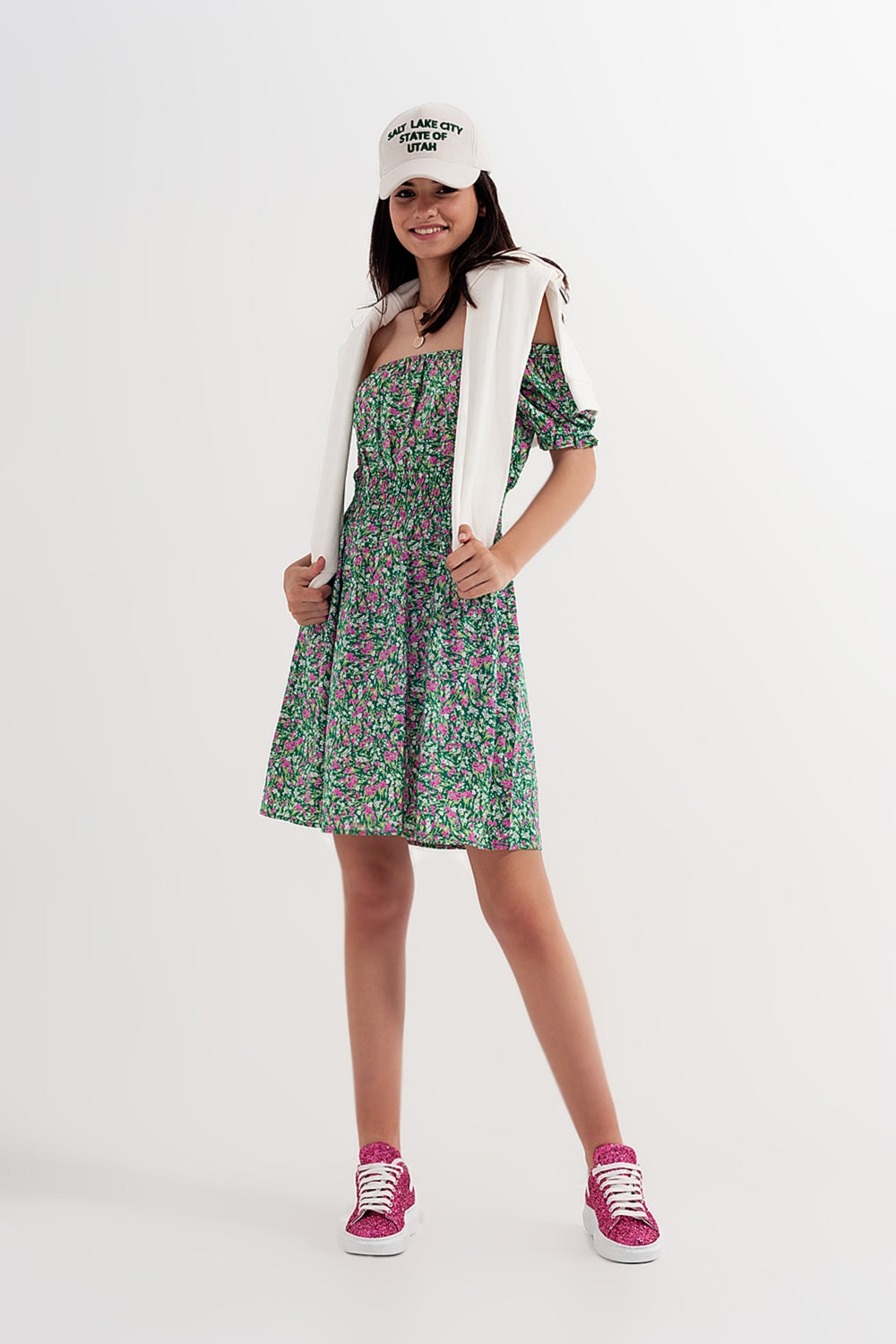 Mini dress with shirred detail in green ditsy floral print Q2 Dresses BoutiqueLua