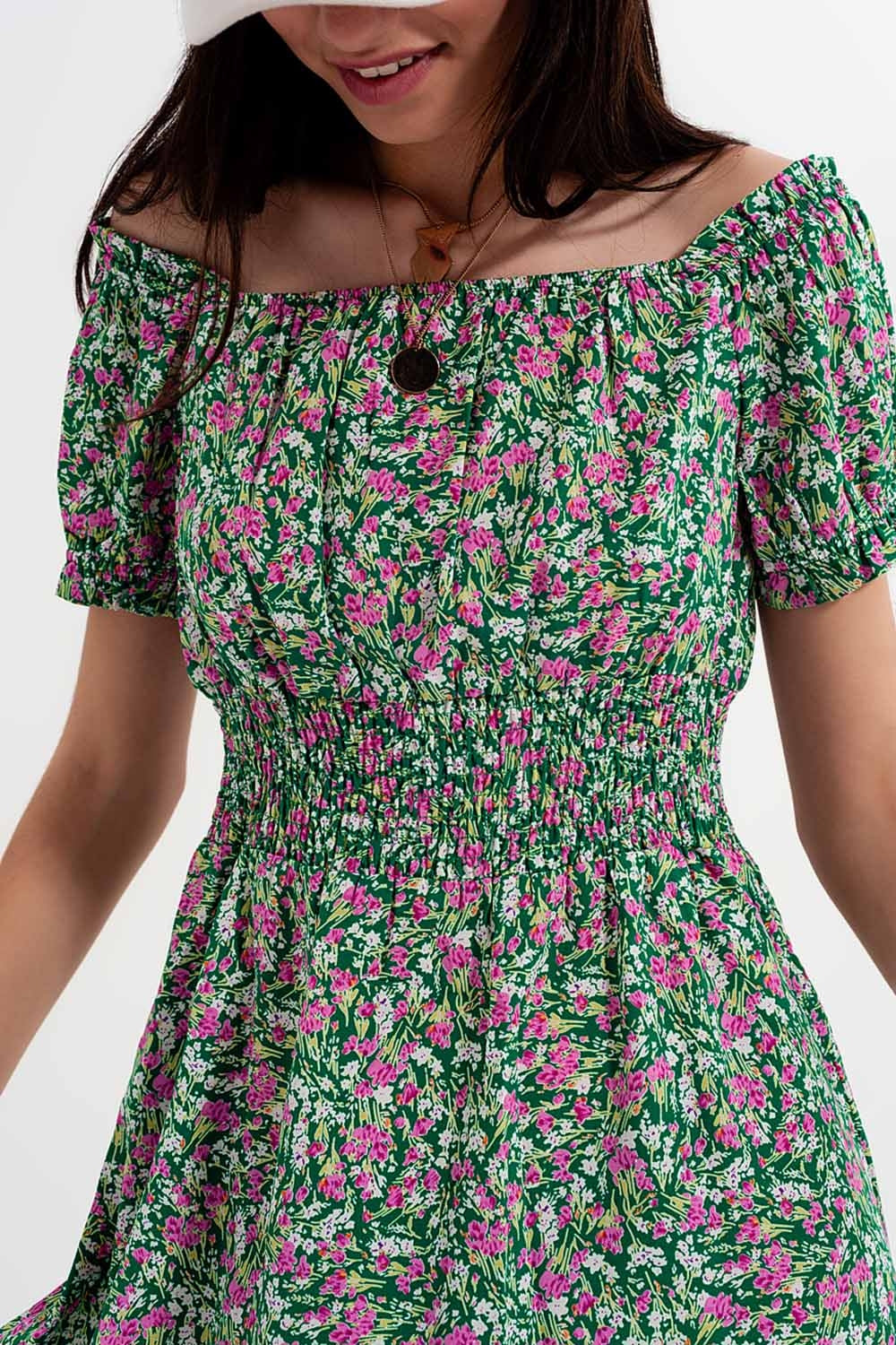 Mini dress with shirred detail in green ditsy floral print Q2 Dresses BoutiqueLua