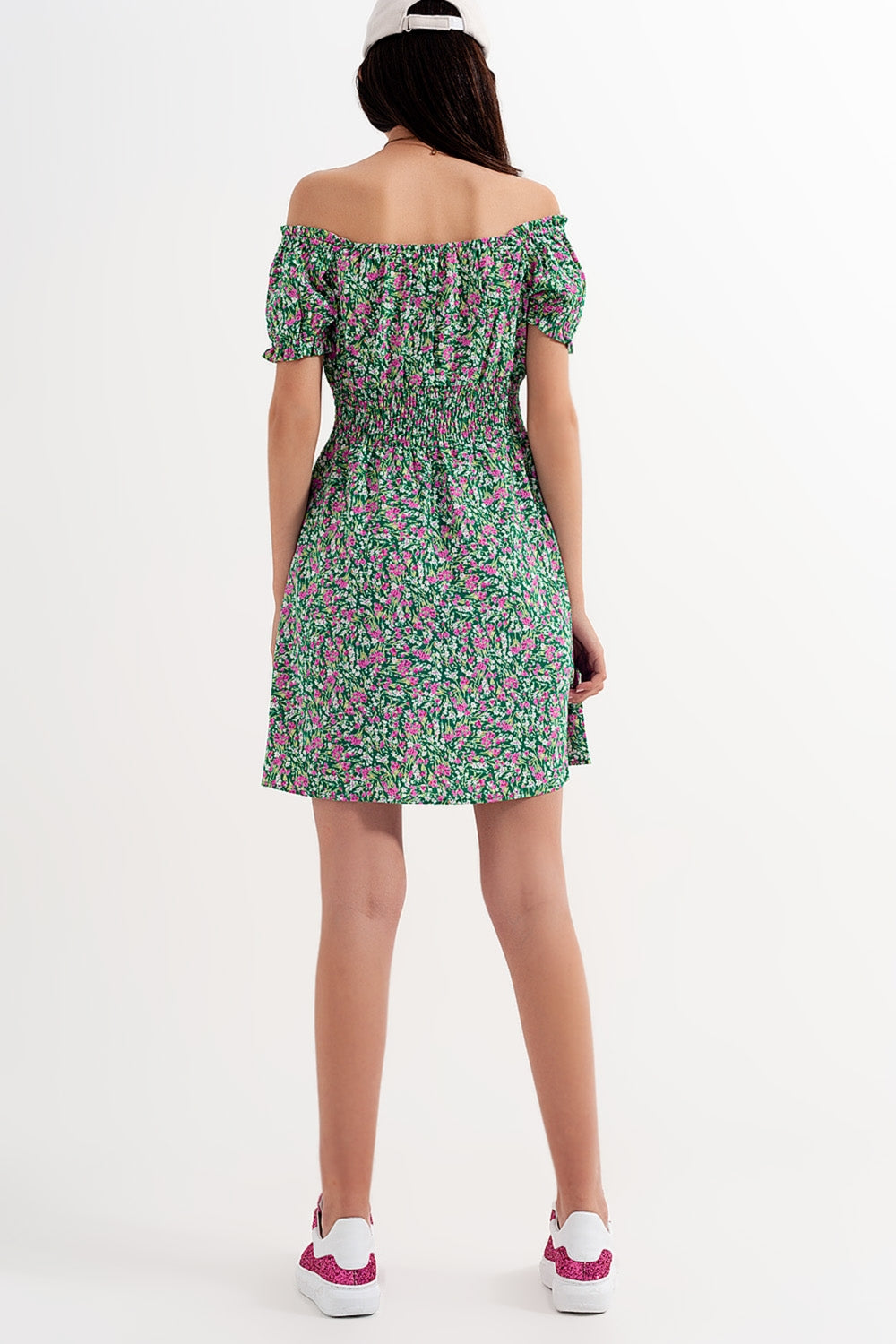 Mini dress with shirred detail in green ditsy floral print Q2 Dresses BoutiqueLua