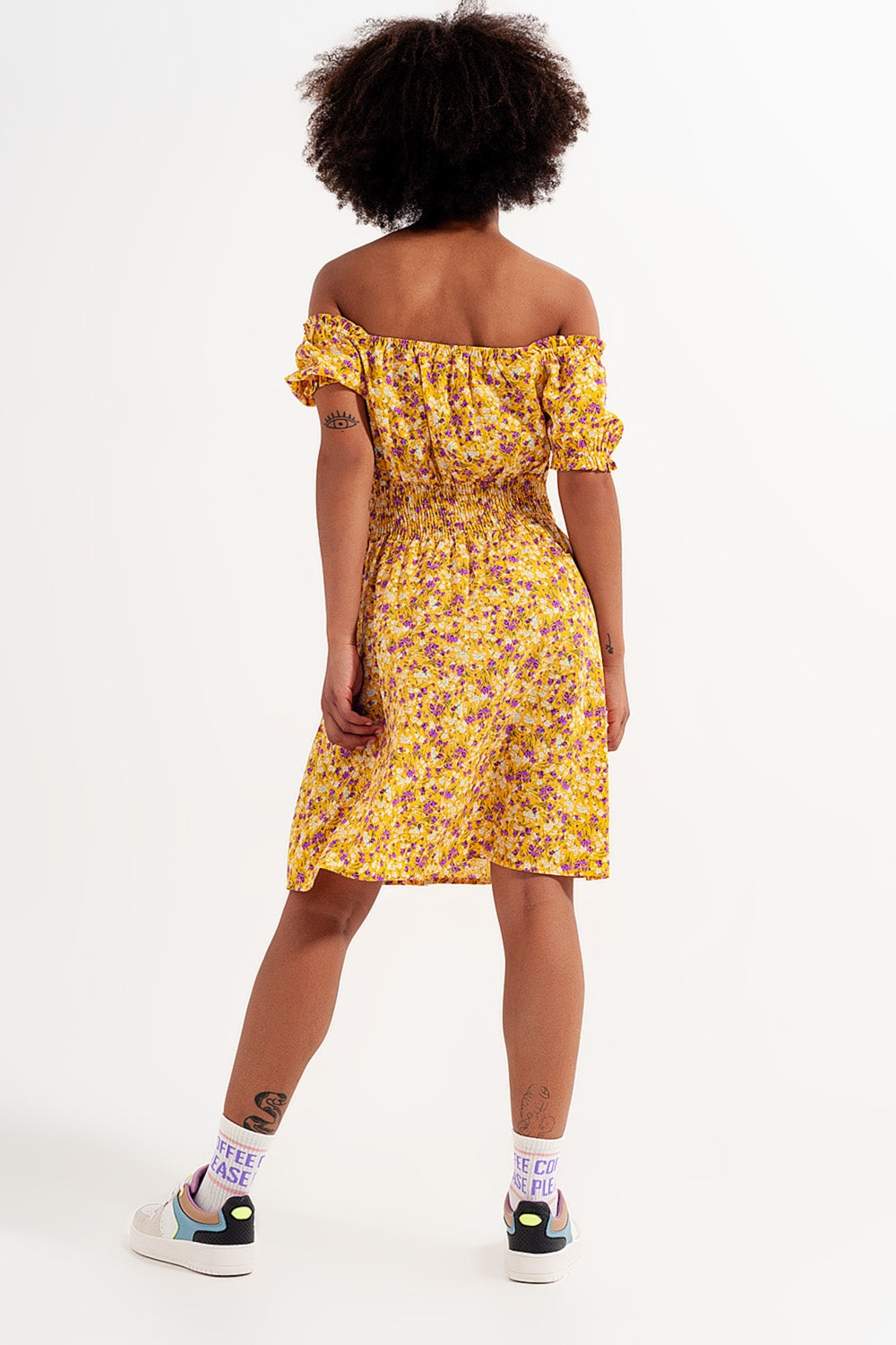 Mini dress with shirred detail in yellow ditsy floral print Q2 Dresses BoutiqueLua