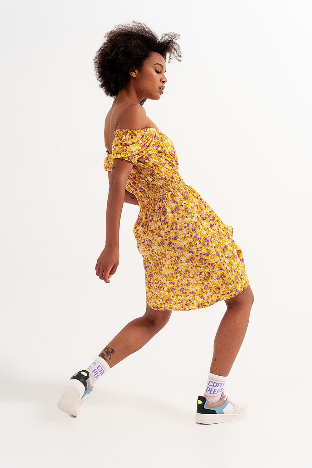 Mini dress with shirred detail in yellow ditsy floral print Q2 Dresses BoutiqueLua