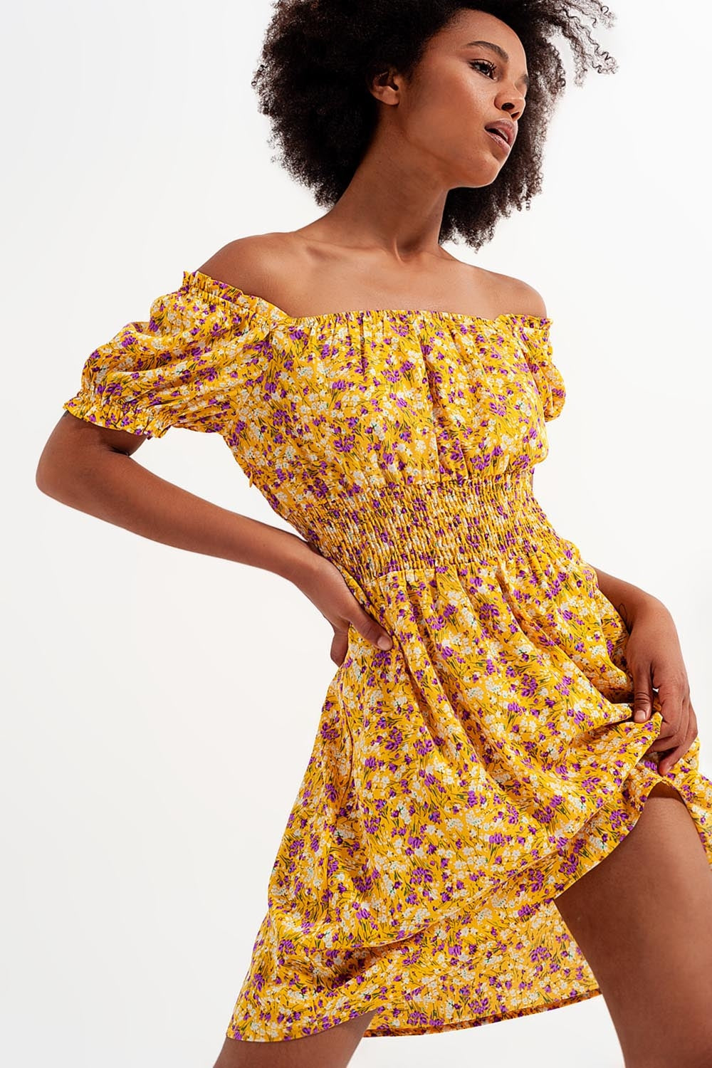 Mini dress with shirred detail in yellow ditsy floral print Q2 Dresses BoutiqueLua