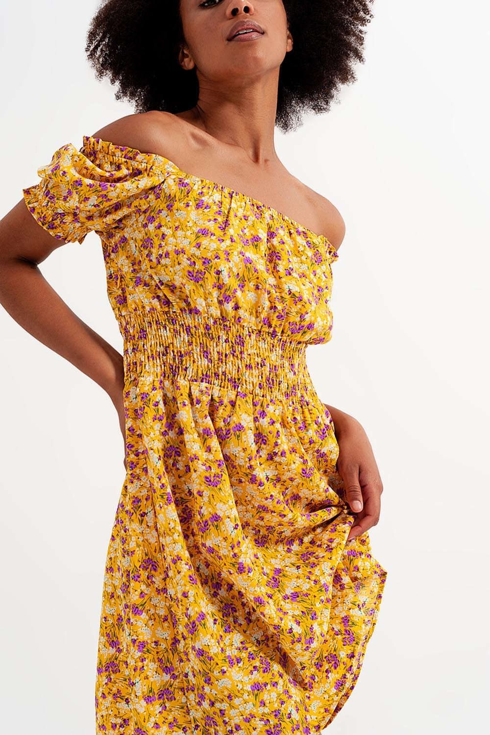 Mini dress with shirred detail in yellow ditsy floral print Q2 Dresses BoutiqueLua