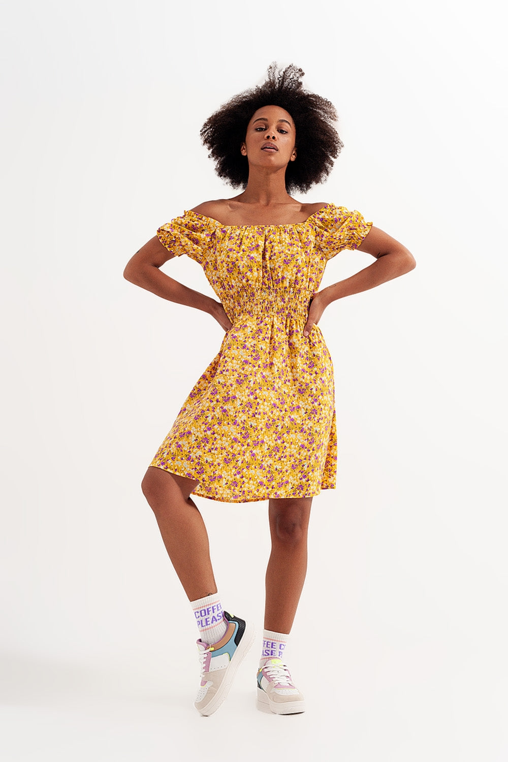 Mini dress with shirred detail in yellow ditsy floral print Q2 Dresses BoutiqueLua