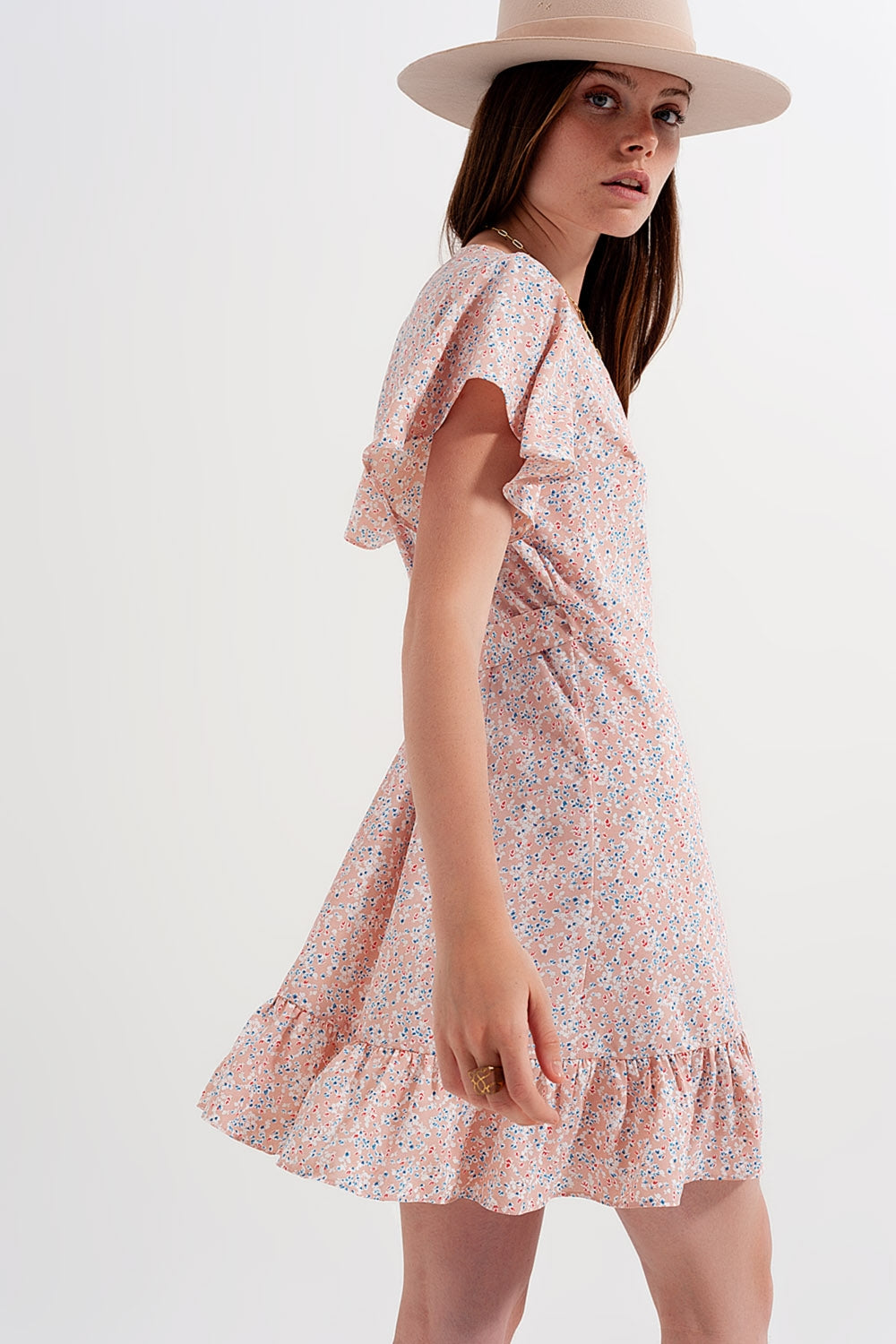 Mini wrap dress with frill hem in pink print Q2 Dresses BoutiqueLua