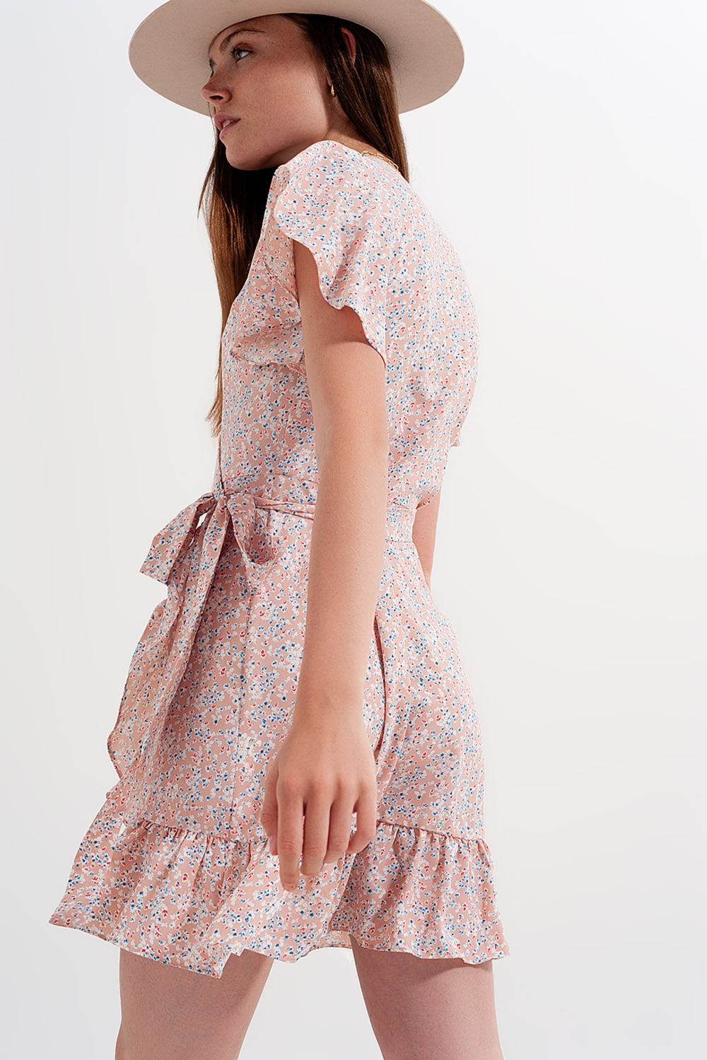 Mini wrap dress with frill hem in pink print Q2 Dresses BoutiqueLua