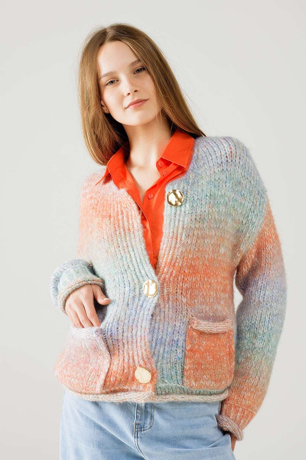 Q2 Multicolor Knit Cardigan with 3 Gold Buttons