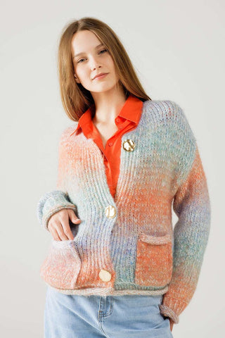 Multicolor Knit Cardigan with 3 Gold Buttons