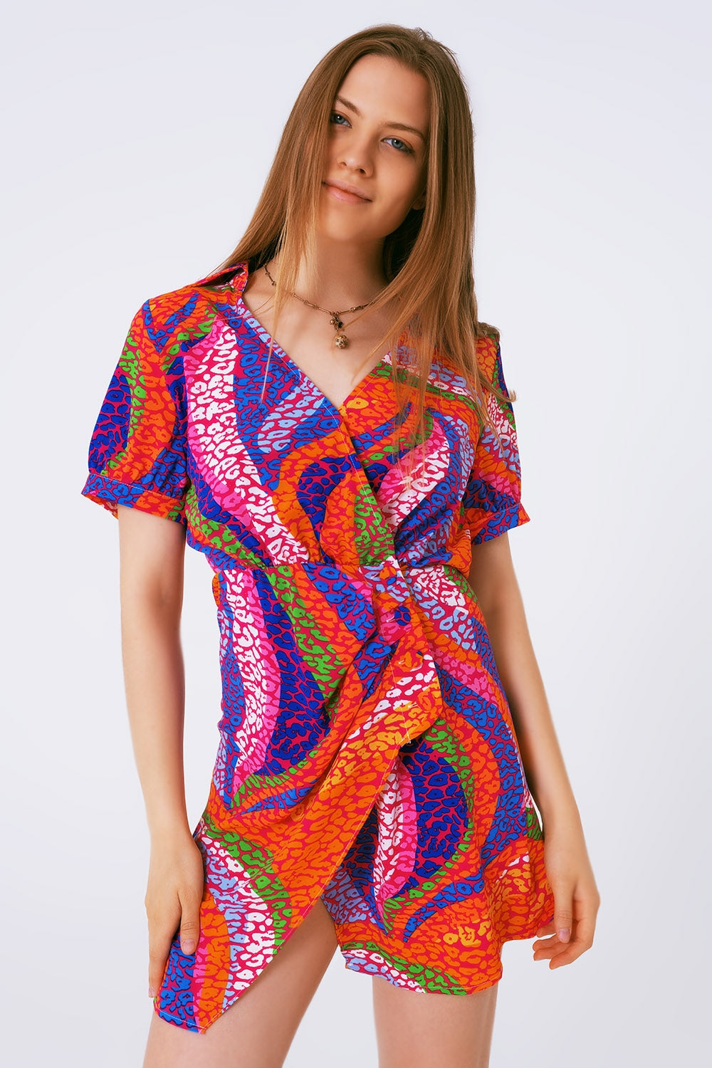 multicolor printed wrap mini dress in pink Q2 Dresses BoutiqueLua