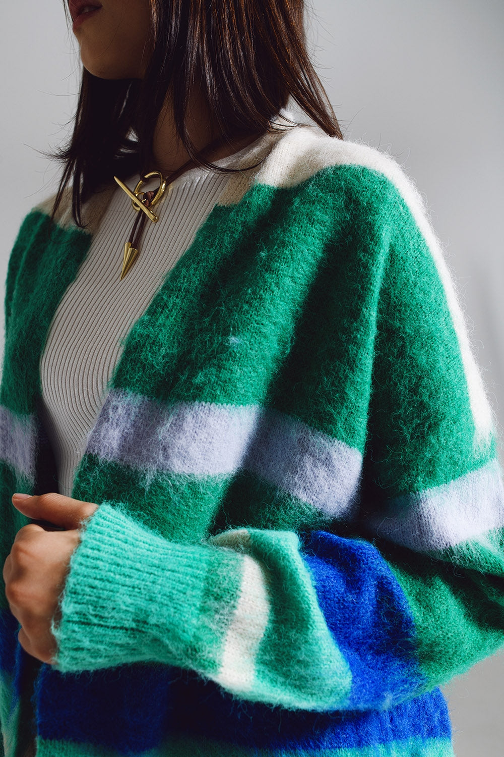 Multicolored fluffy long cardigan in blue and green Q2 Sweaters BoutiqueLua