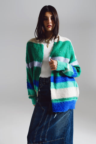 Cardigan long duveteux multicolore en bleu et vert