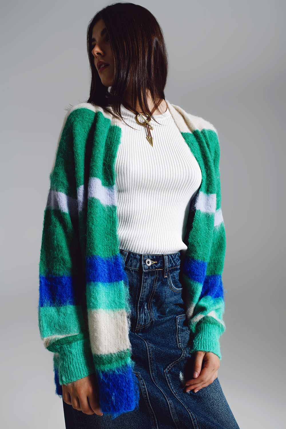 Multicolored fluffy long cardigan in blue and green Q2 Sweaters BoutiqueLua