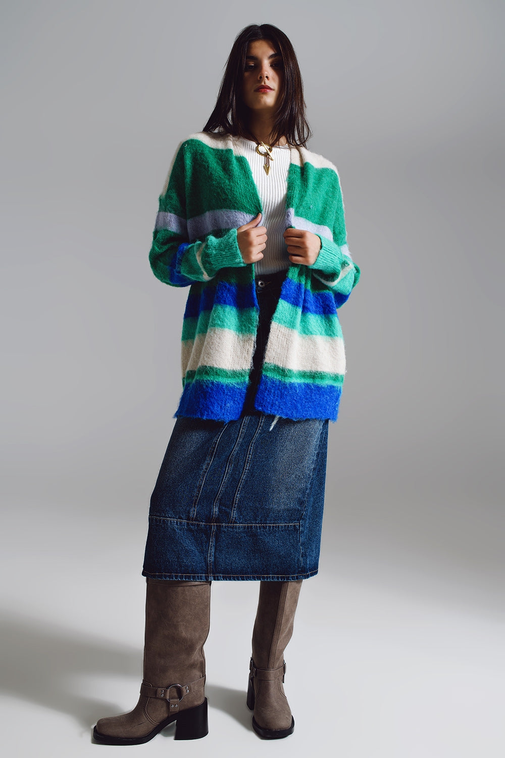 Multicolored fluffy long cardigan in blue and green Q2 Sweaters BoutiqueLua