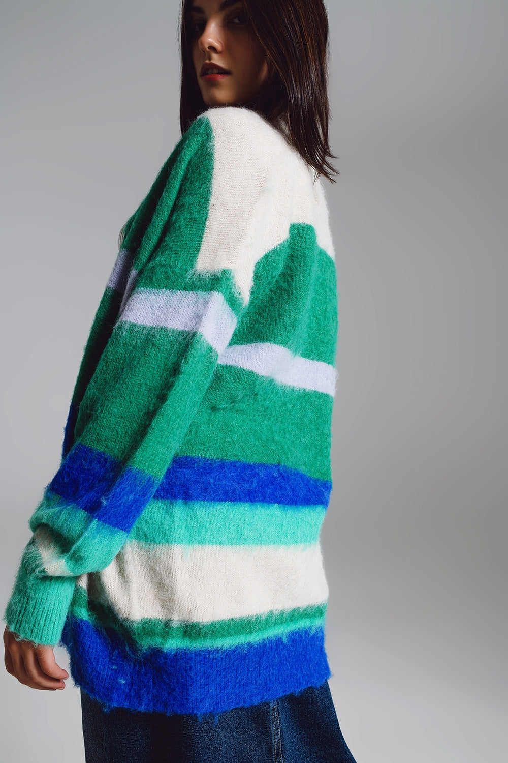 Multicolored fluffy long cardigan in blue and green Q2 Sweaters BoutiqueLua