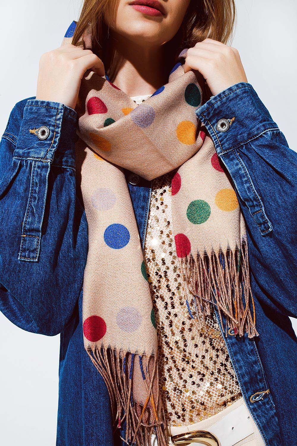 Multicolored Polka Dot soft Scarf in Beige Q2 Necklaces BoutiqueLua