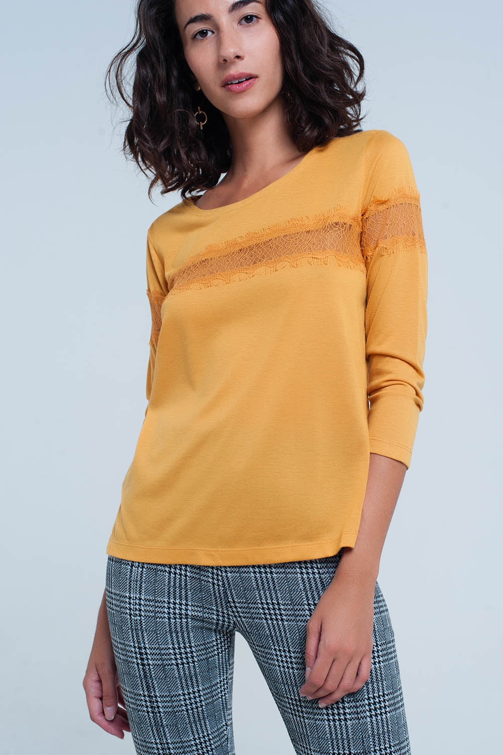 Mustard 3/4 Sleeve T-Shirt With Eyelash Trim Q2 Tops BoutiqueLua