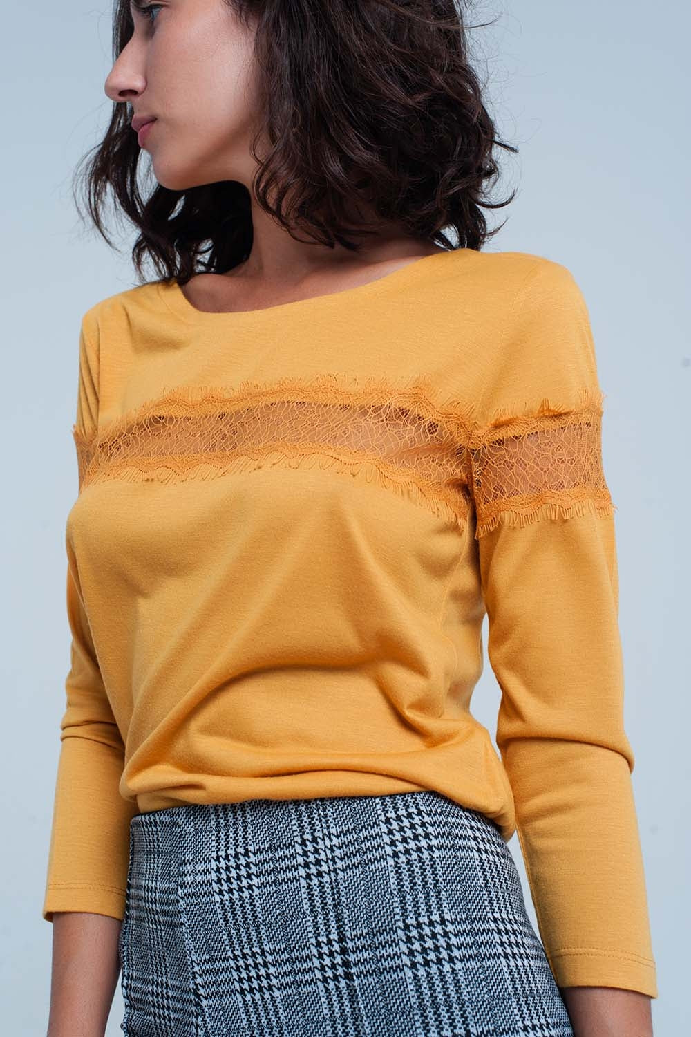 Mustard 3/4 Sleeve T-Shirt With Eyelash Trim Q2 Tops BoutiqueLua