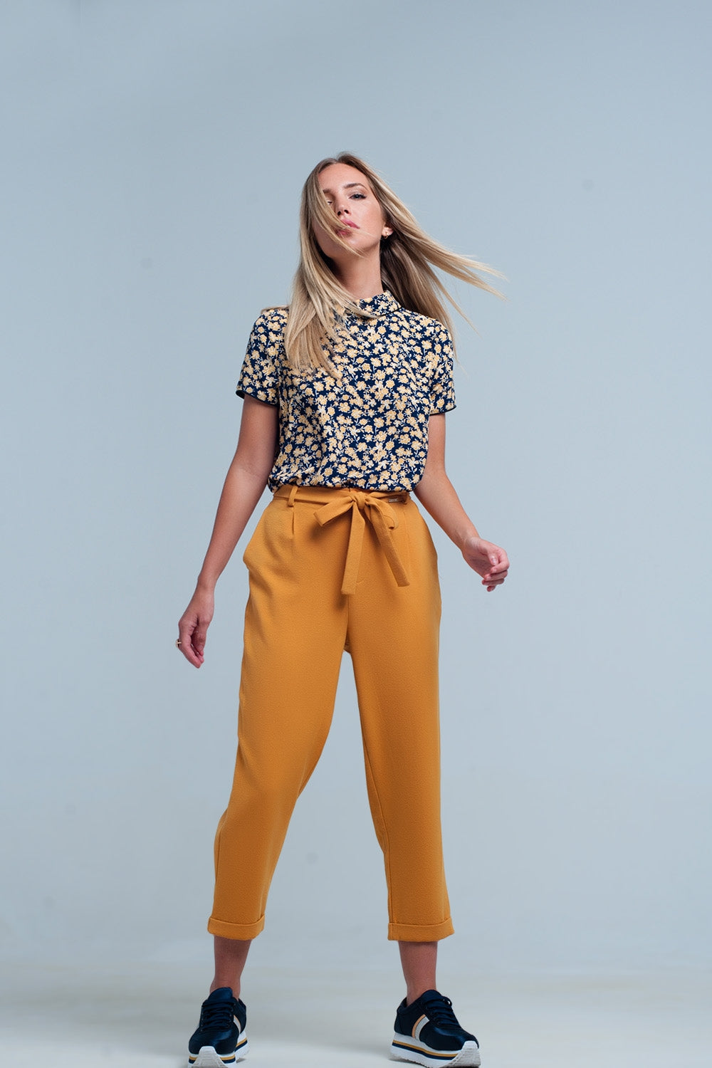 mustard high waisted pants with belt Q2 Pants BoutiqueLua