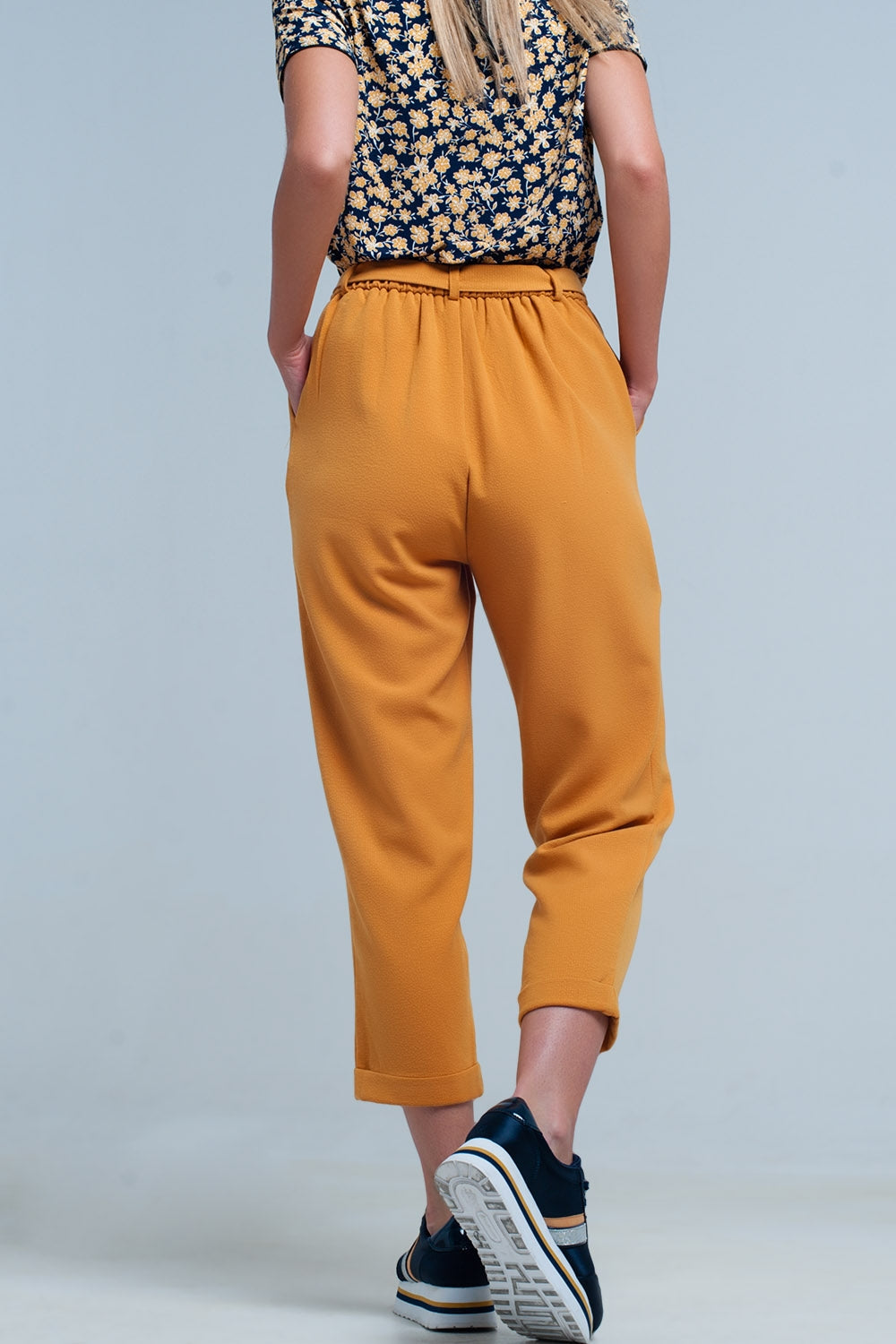 mustard high waisted pants with belt Q2 Pants BoutiqueLua