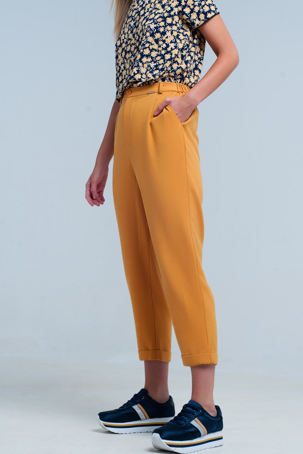 mustard high waisted pants with belt Q2 Pants BoutiqueLua