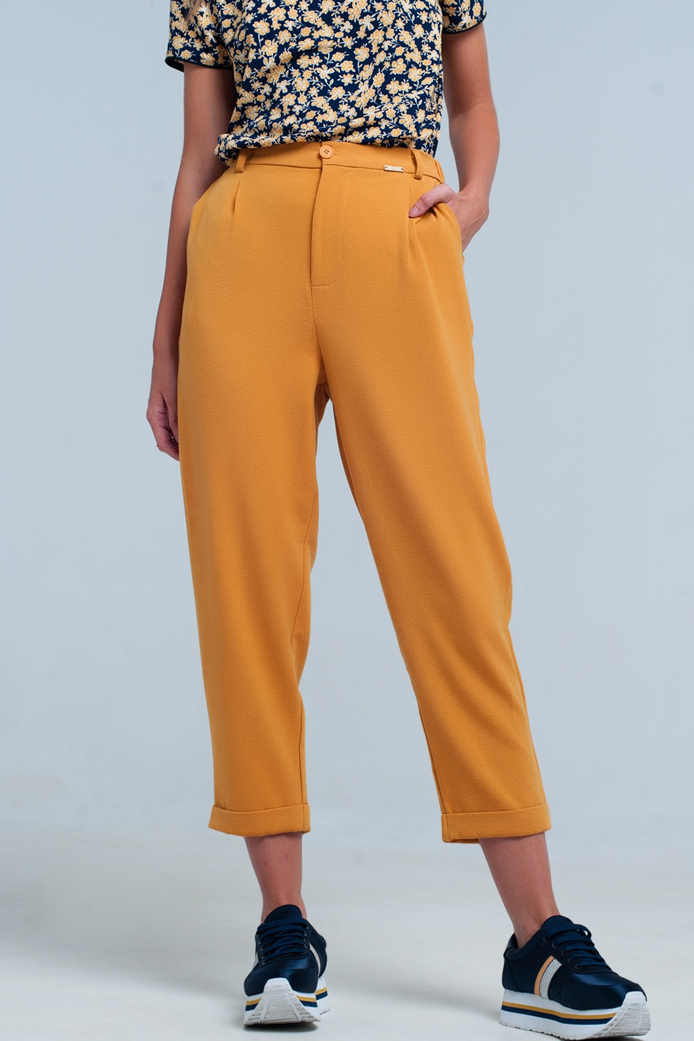 mustard high waisted pants with belt Q2 Pants BoutiqueLua