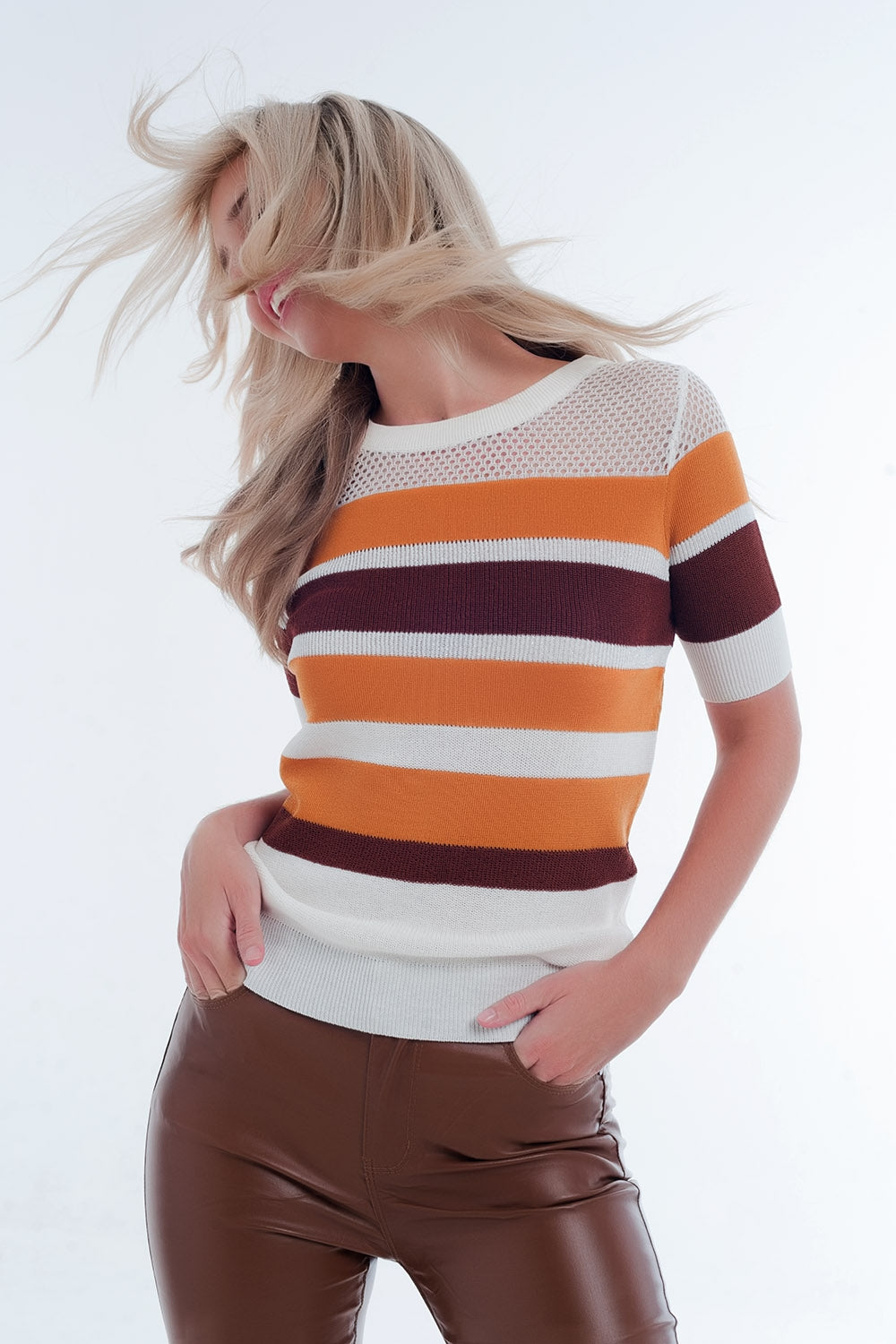 Mustard striped open knit sweater Q2 Sweaters BoutiqueLua