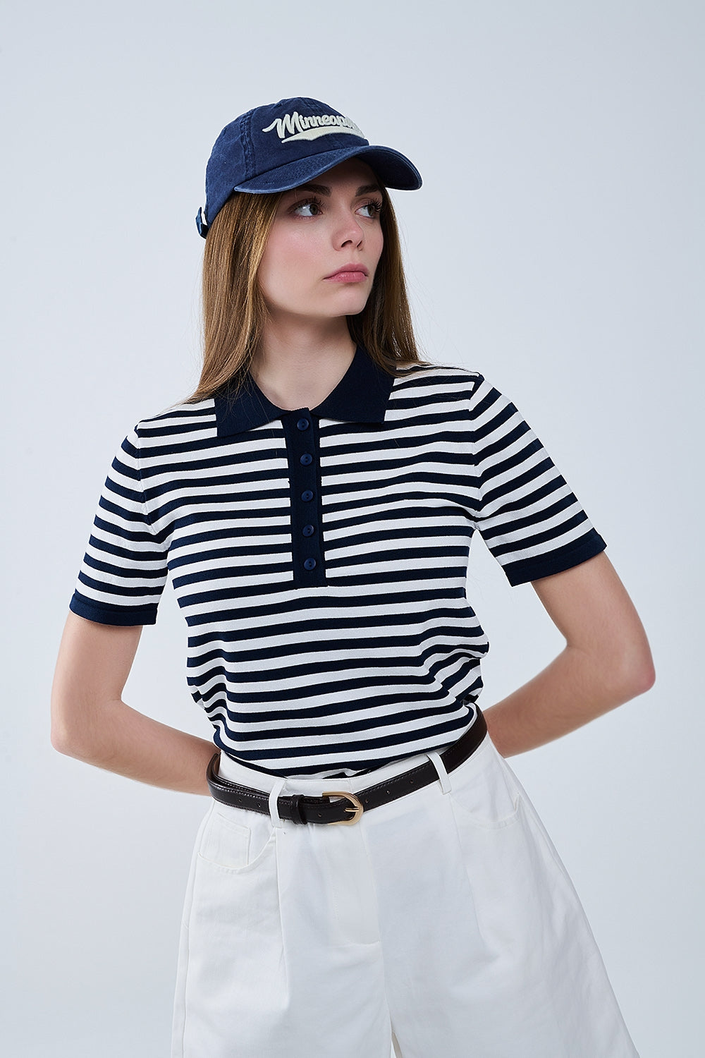 Q2 navy and White Striped Knitted Polo T-shirt